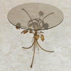 Midcentury Italian Gilt Metal Side Table with Roses and Smoked Glass Top