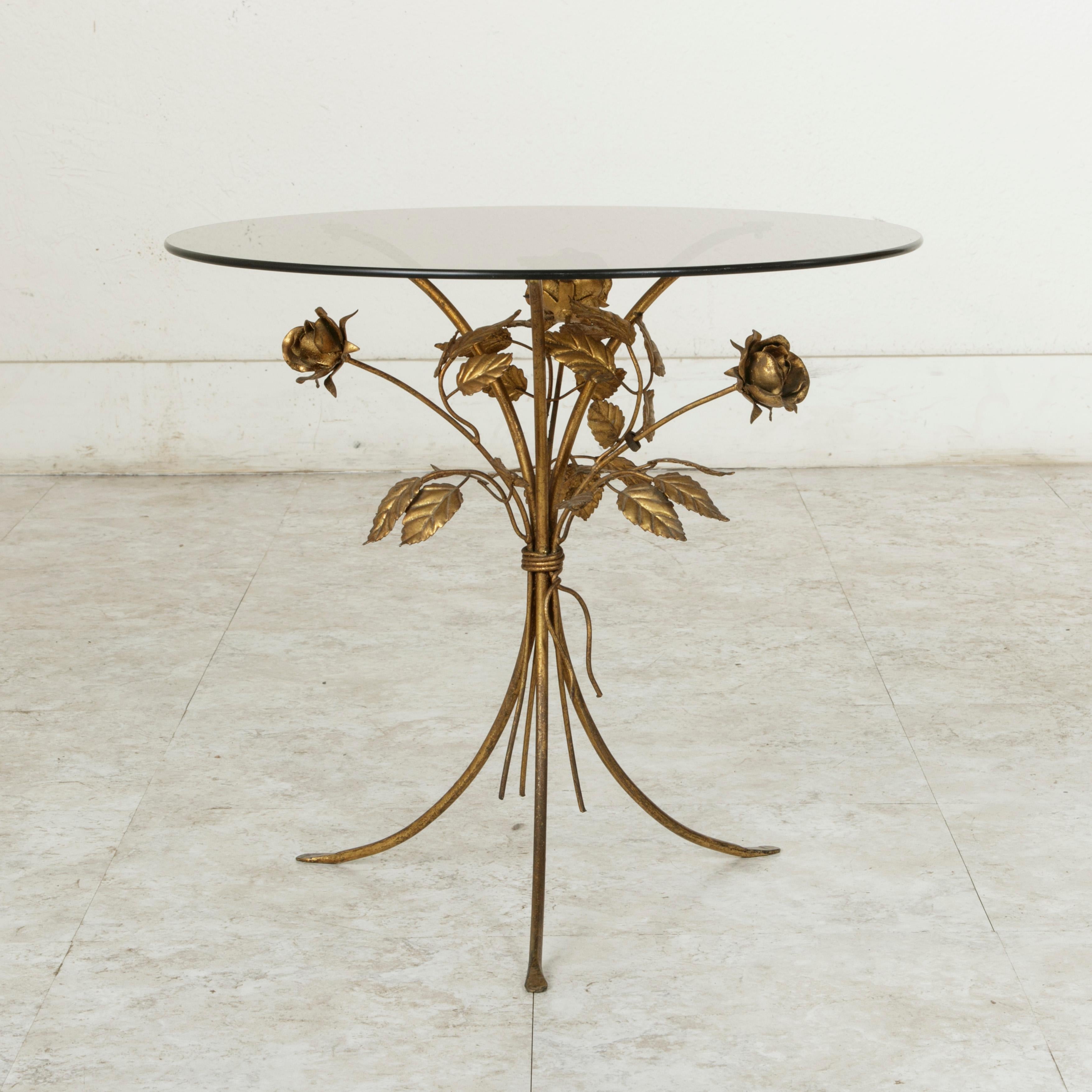 Mid-Century Modern Midcentury Italian Gilt Metal Side Table with Roses and Smoked Glass Top