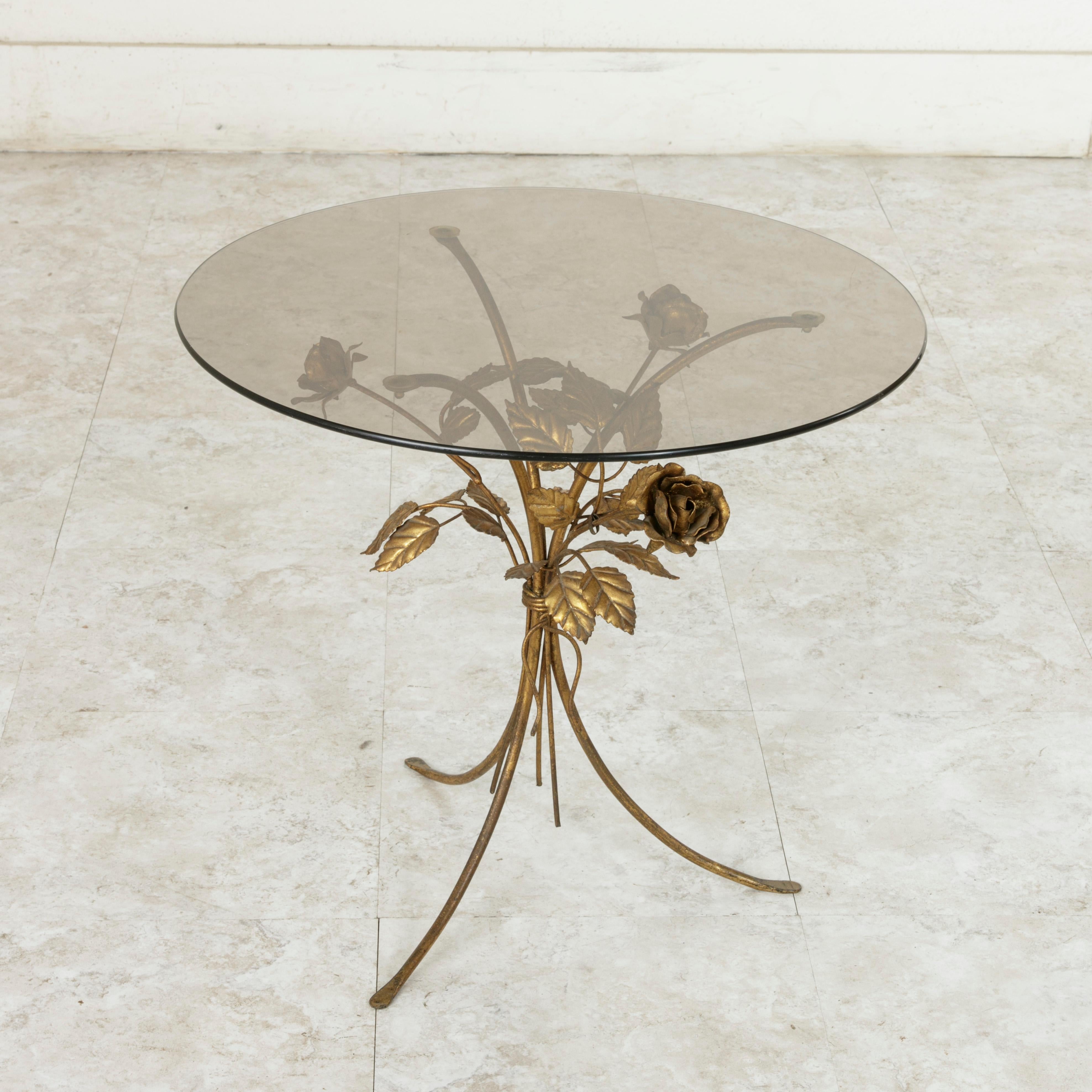 Midcentury Italian Gilt Metal Side Table with Roses and Smoked Glass Top In Good Condition In Fayetteville, AR