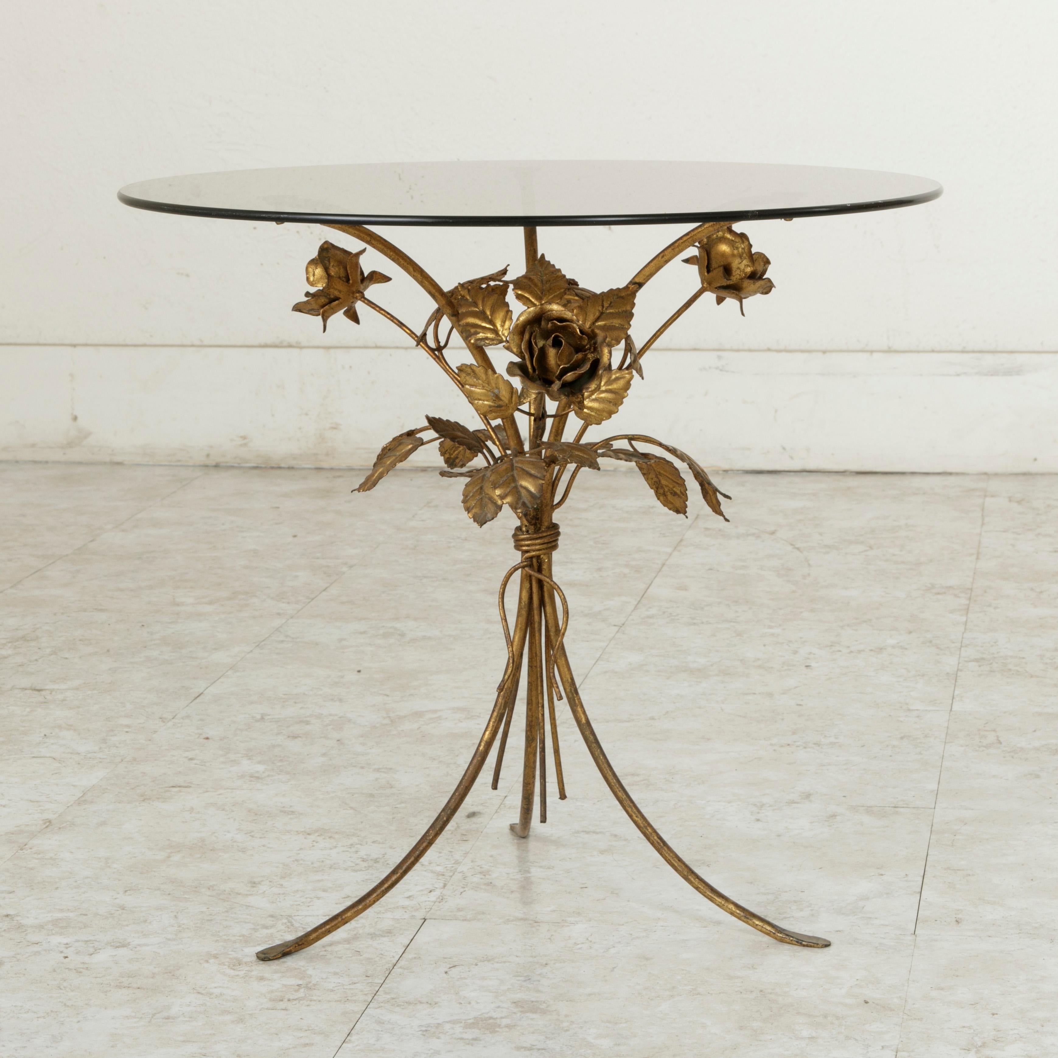 20th Century Midcentury Italian Gilt Metal Side Table with Roses and Smoked Glass Top