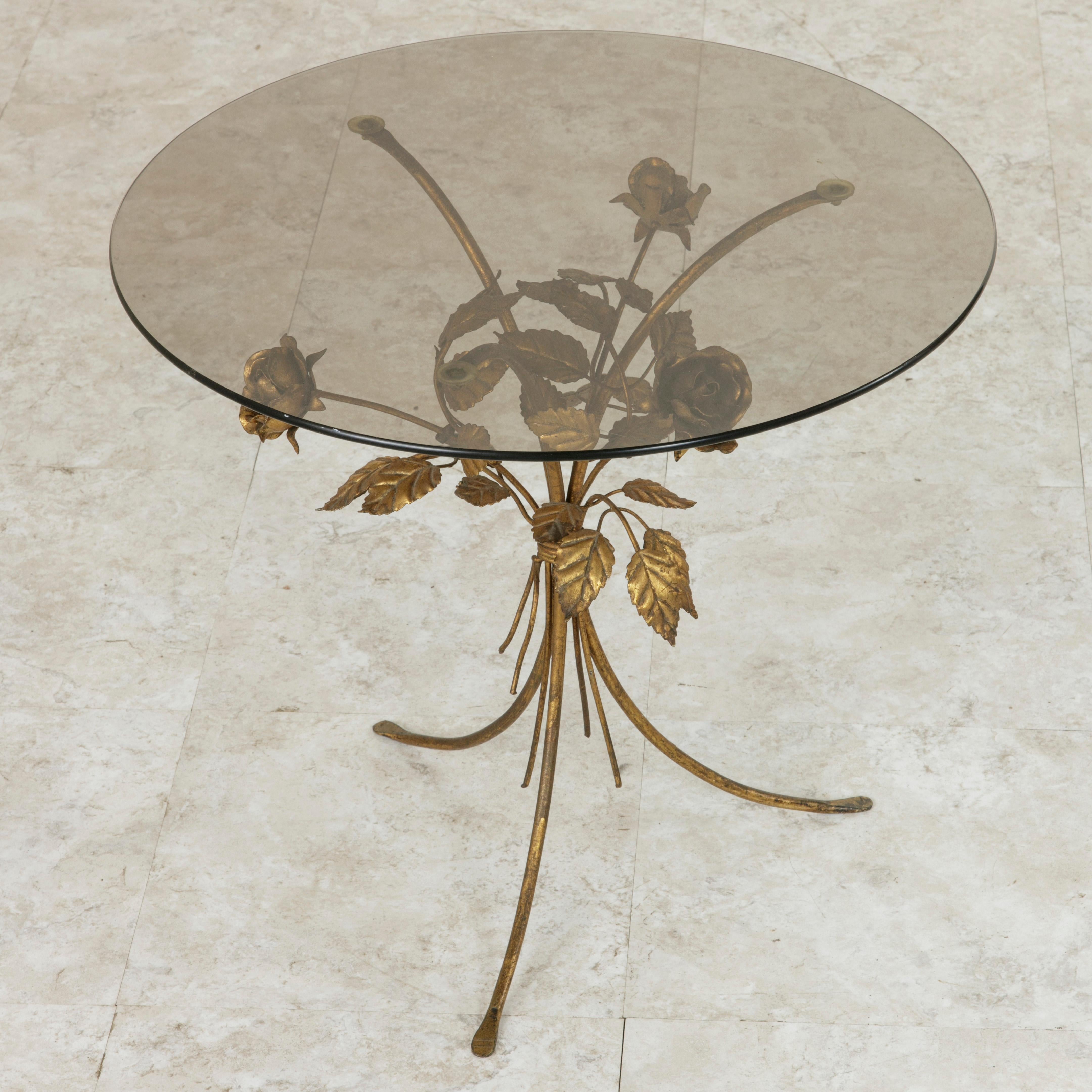 Midcentury Italian Gilt Metal Side Table with Roses and Smoked Glass Top 1
