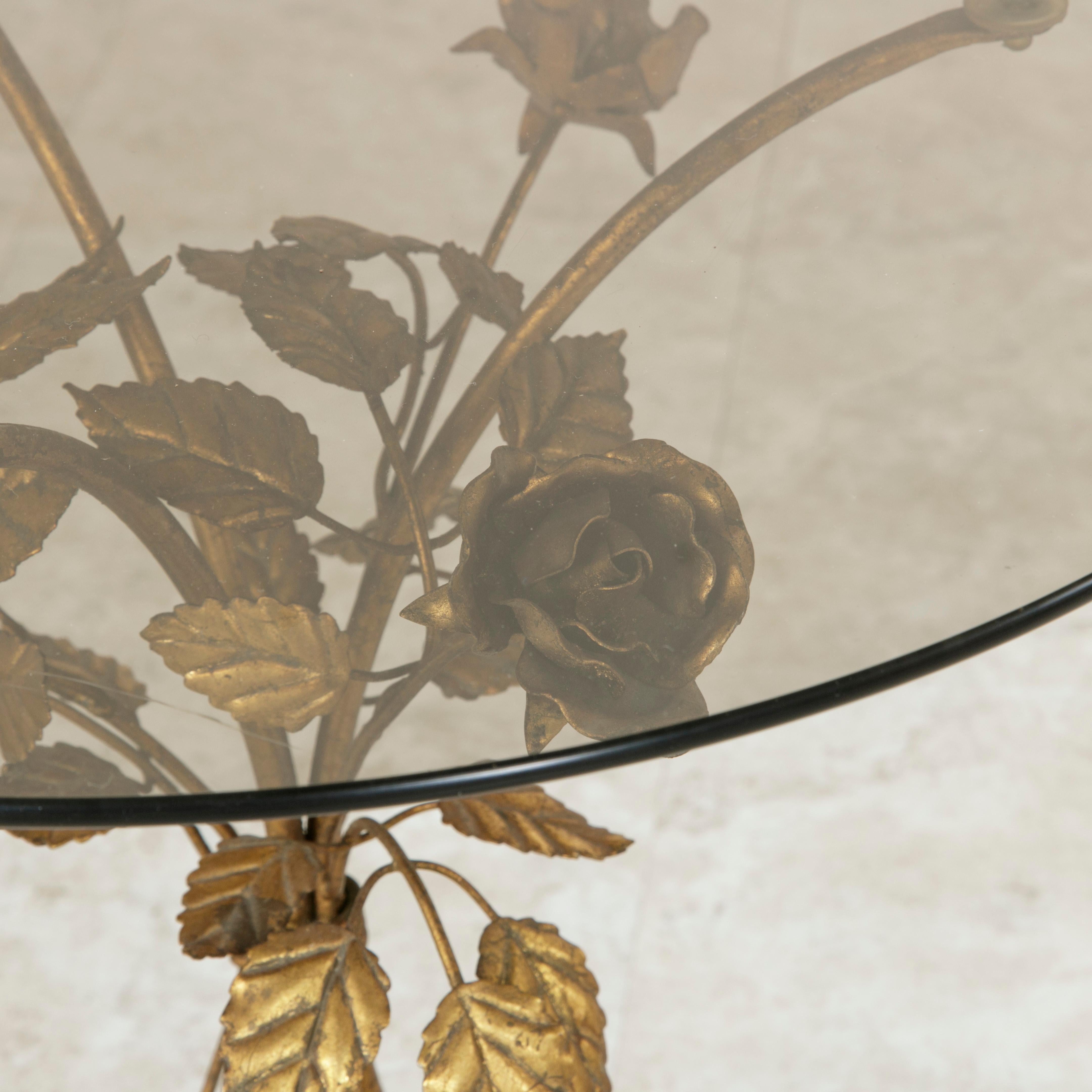 Midcentury Italian Gilt Metal Side Table with Roses and Smoked Glass Top 2