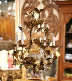 Mid-Century Italian Gilt Tole Six-Light Floral Chandelier