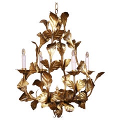Mid-Century Italian Gilt Tole Six-Light Floral Chandelier