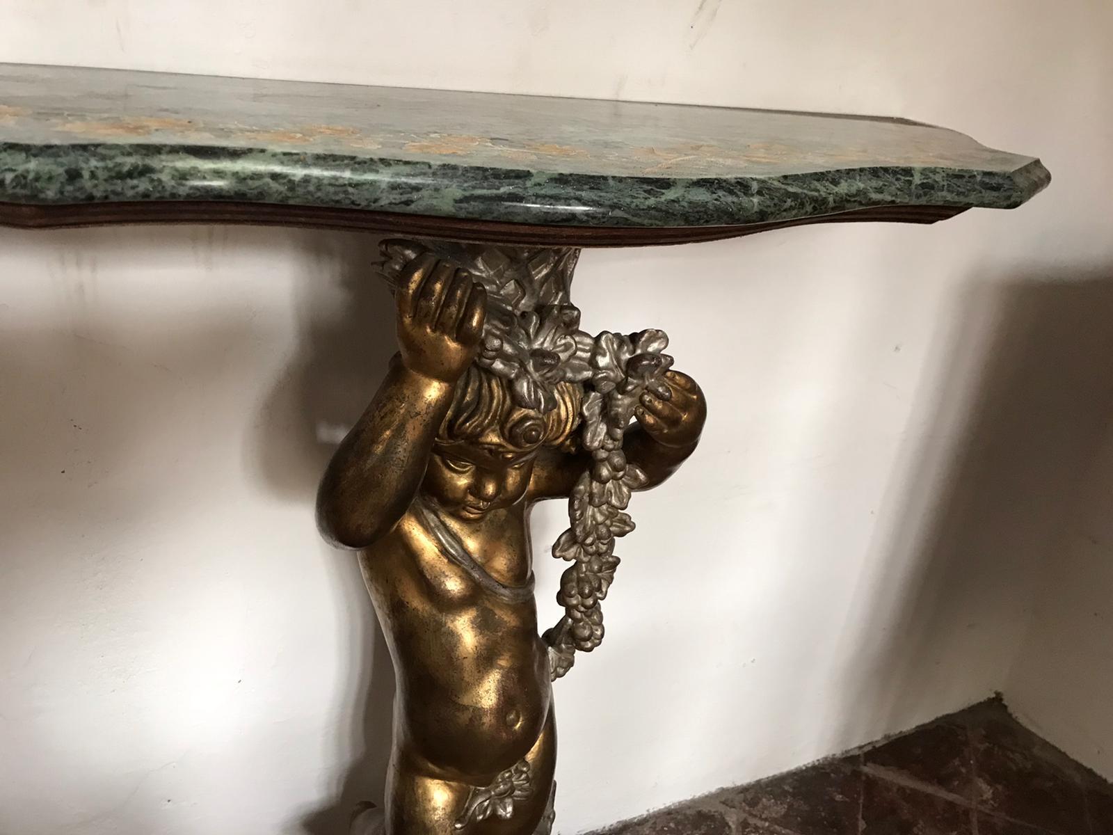Marble Midcentury Italian Giltwood Console Table with Beautifully Carved Putto