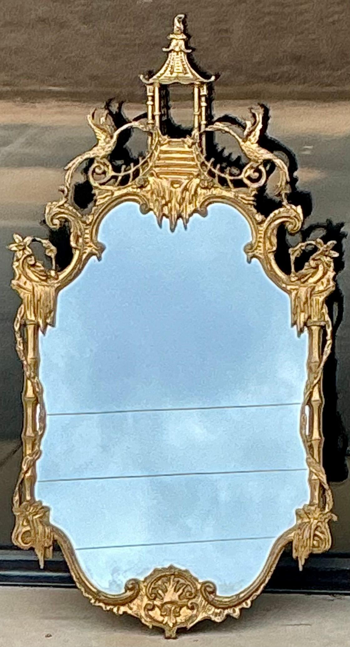 20th Century Mid-Century Italian Giltwood Chippendale Style Mirror W/ Pagoda -Friedman Bros.