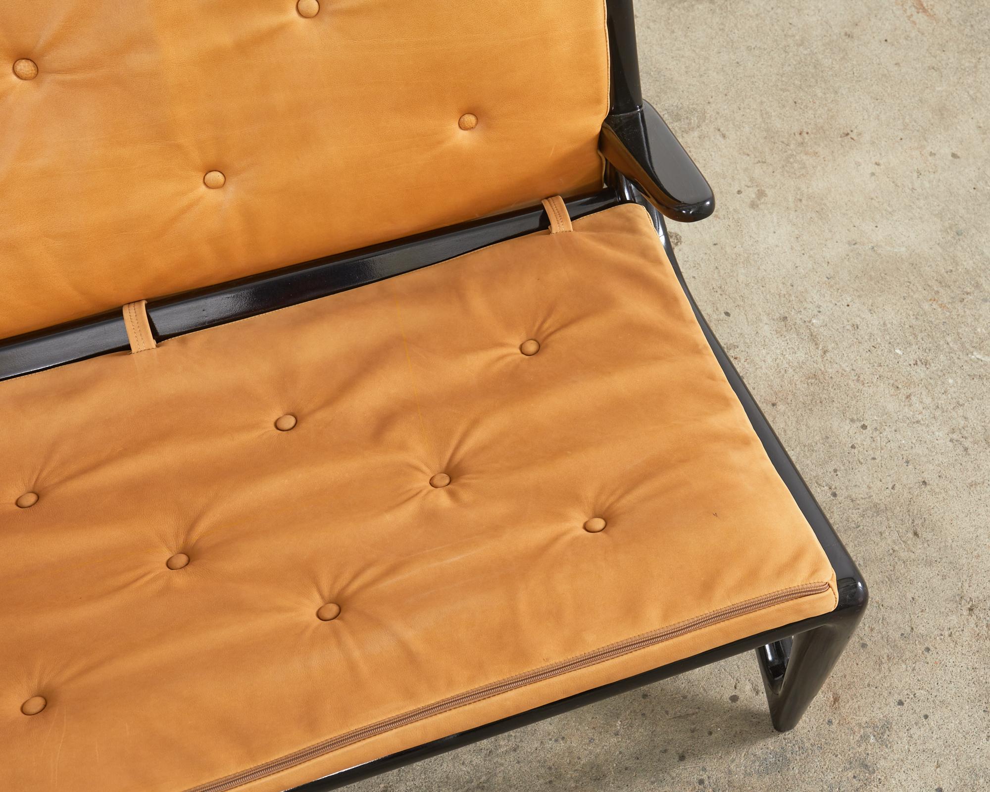 Leather Midcentury Italian Gio Ponti Style Lacquer Ebonized Settee For Sale
