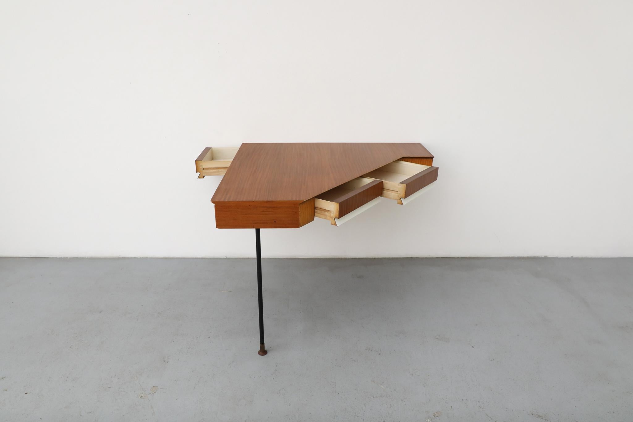 Metal Mid-Century Italian Gio Ponti Style Wall-Mount Teak Triangular Desk For Sale