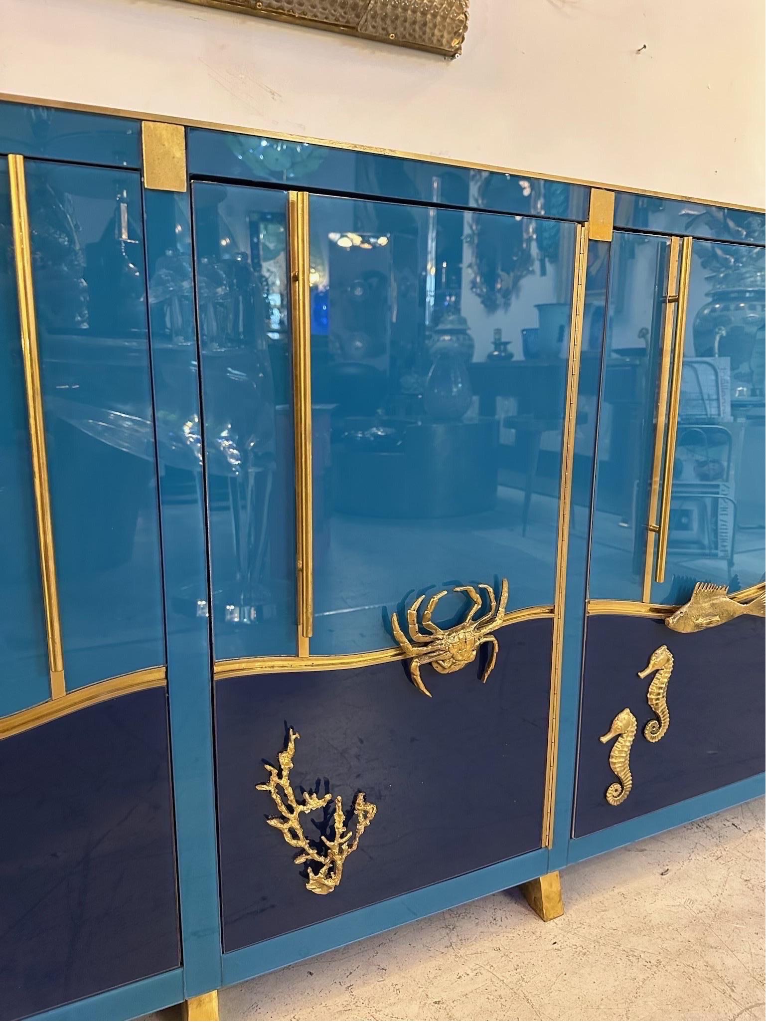 Mid-Century Italian Glass and Brass Credenza  For Sale 1