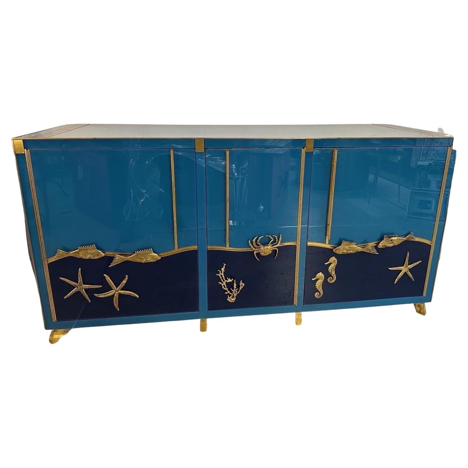 Mid-Century Italian Glass and Brass Credenza  For Sale