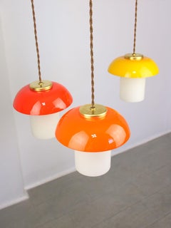 Mid-Century Italian Glass and Brass Mushroom Pendant Lamps, Set of 3