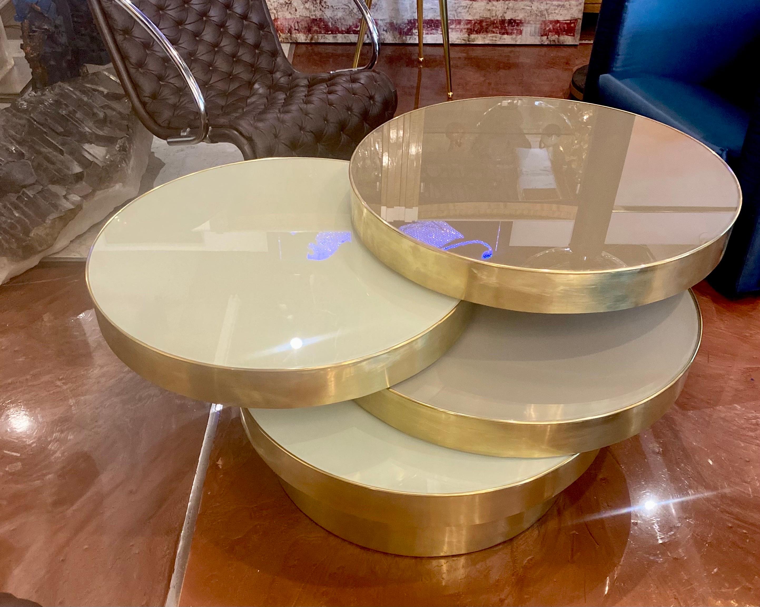 Mid-Century Italian Glass and Brass Rotating Four Tired Coffee Table For Sale 1