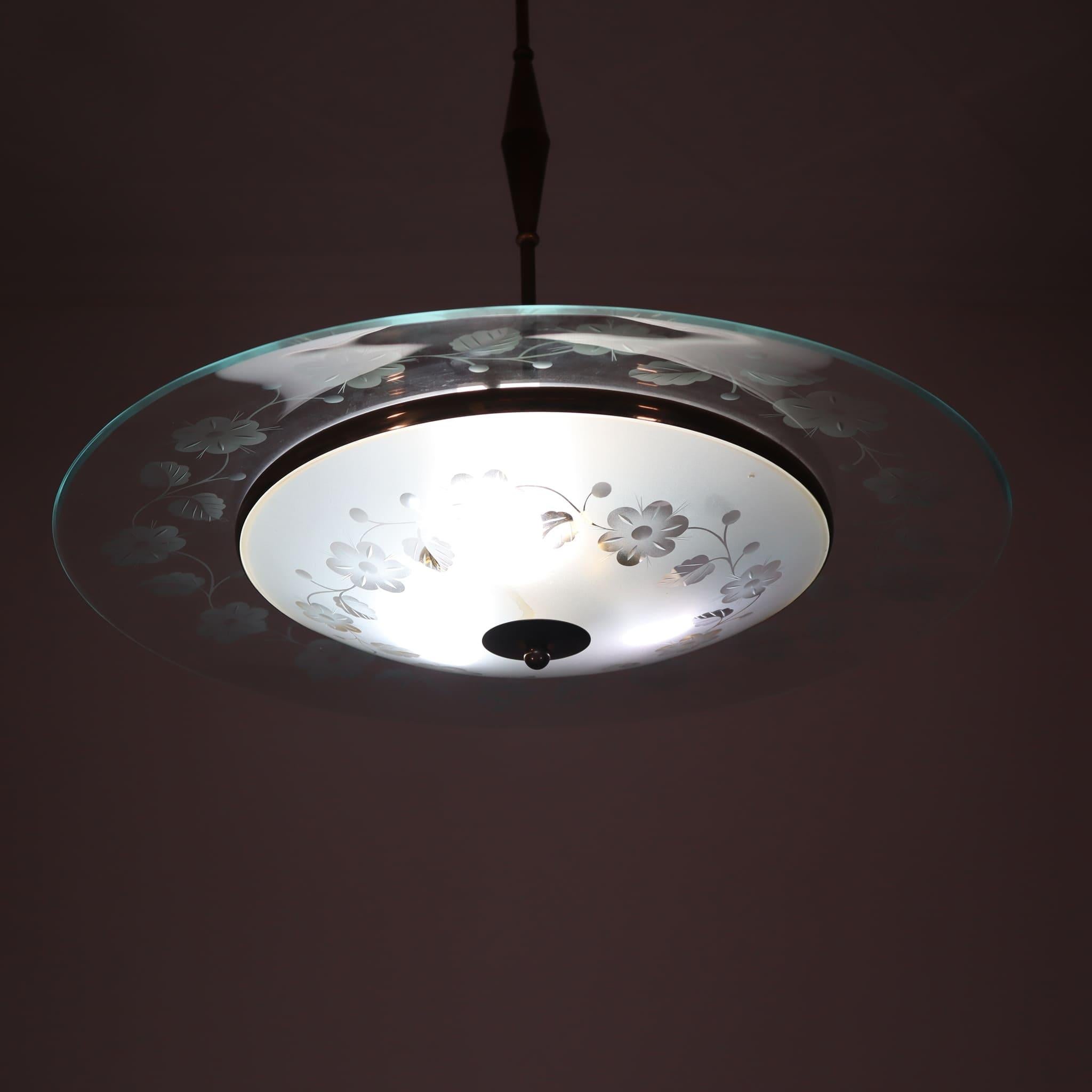 Italian Mid-century brass glass chandelier by Pietro Chiesa Fontana Arte Italy 1950s For Sale