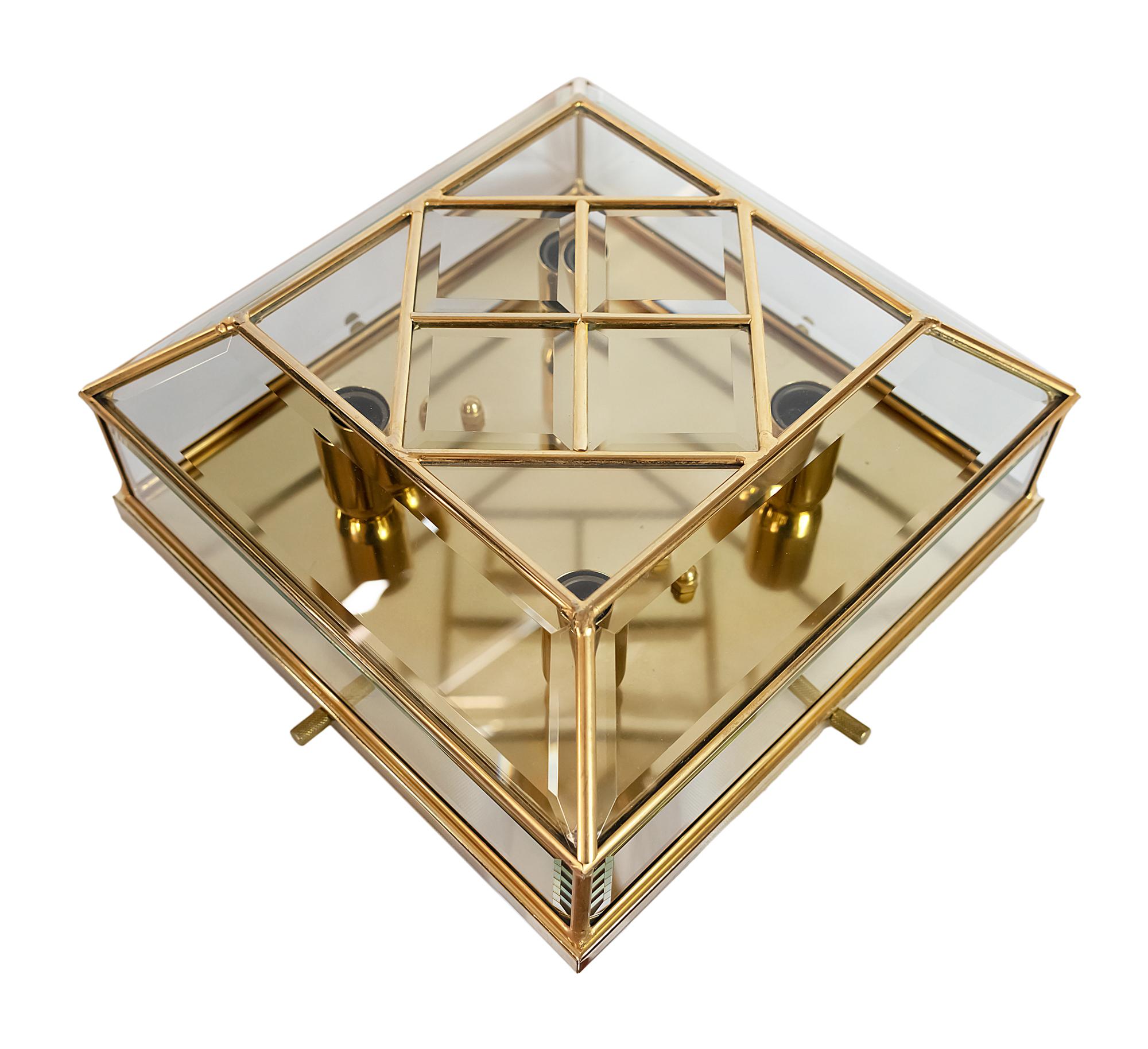 Plated Mid-Century Italian Glass Flush Mount Chandelier For Sale