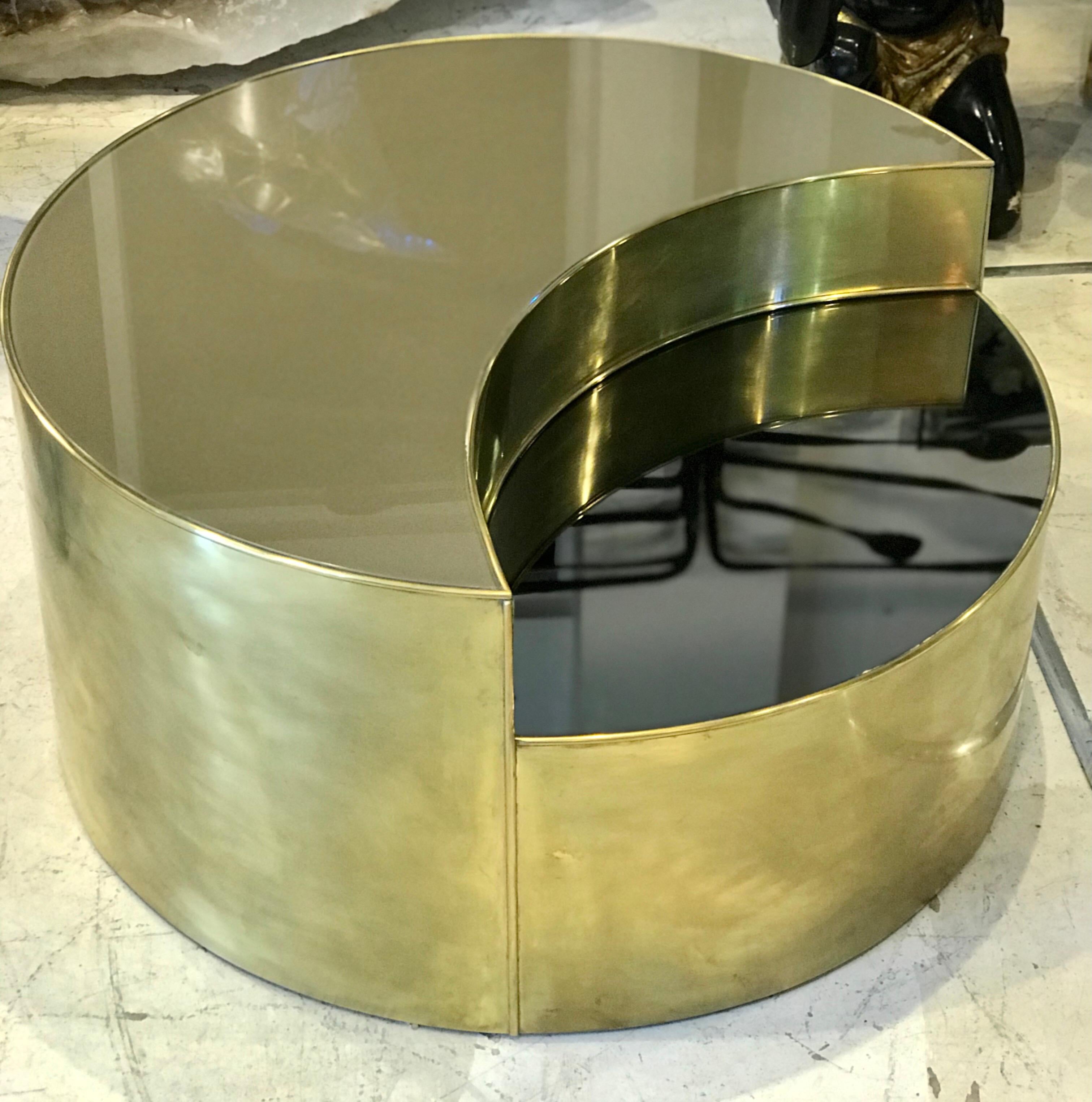 Mid Century Italian Glass, Mirror, and Brass Hi/Lo coffee Table For Sale 9