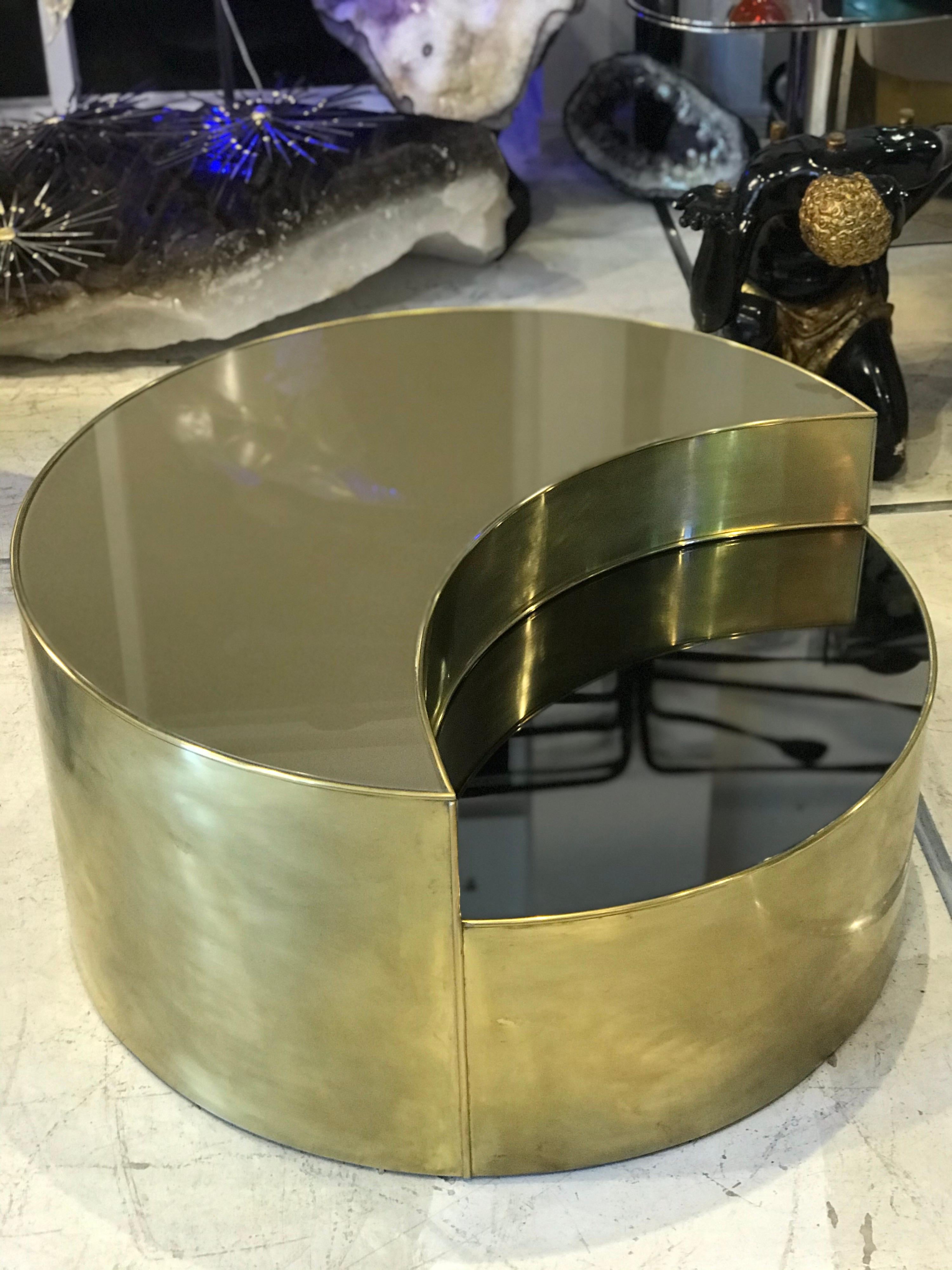 Mid Century Italian Glass, Mirror, and Brass Hi/Lo coffee Table For Sale 11