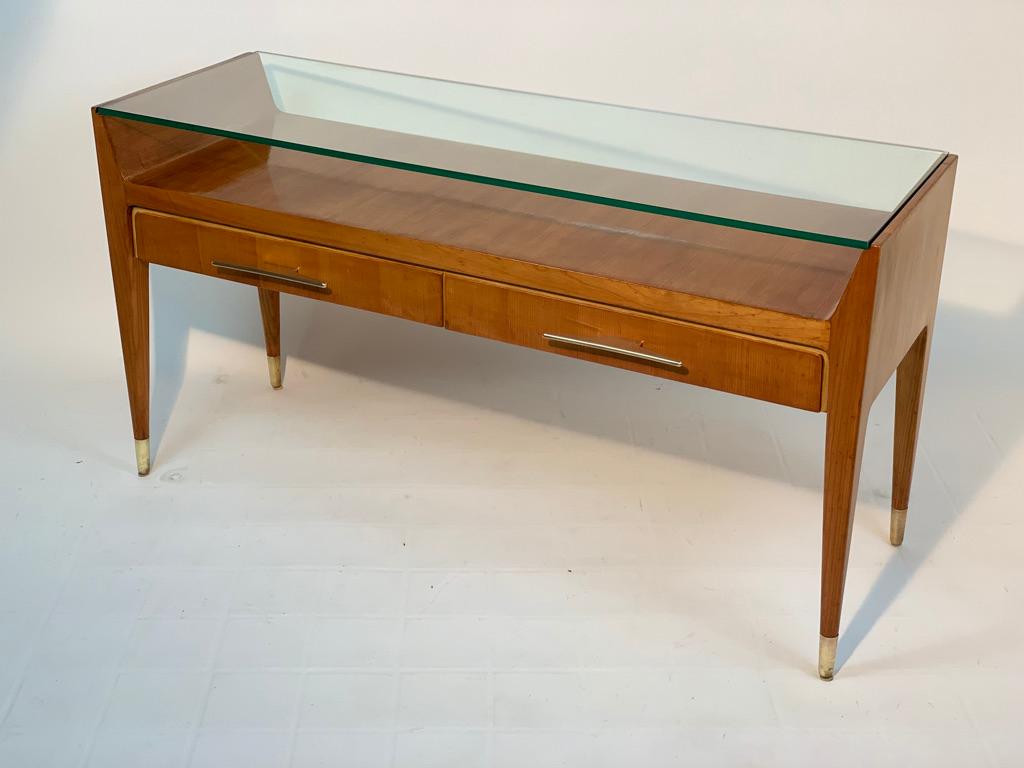 Mid Century Italian Glass top Console Brass Handles and Feet In Good Condition In Firenze, Toscana