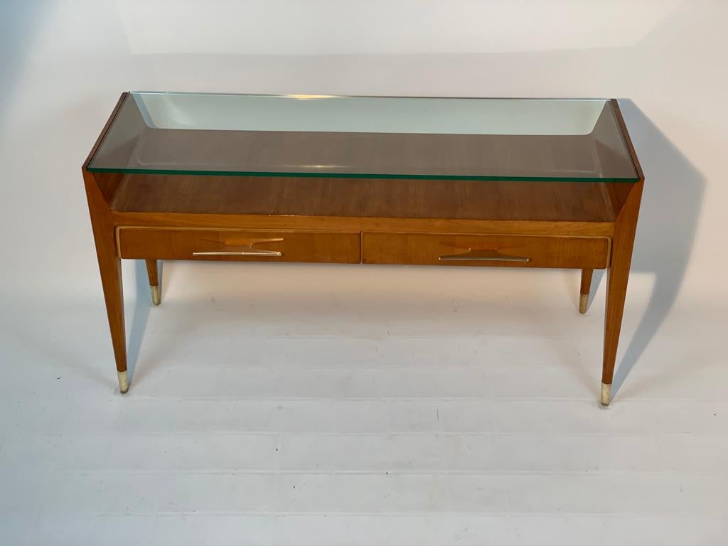 Mid Century Italian Glass top Console Brass Handles and Feet 1