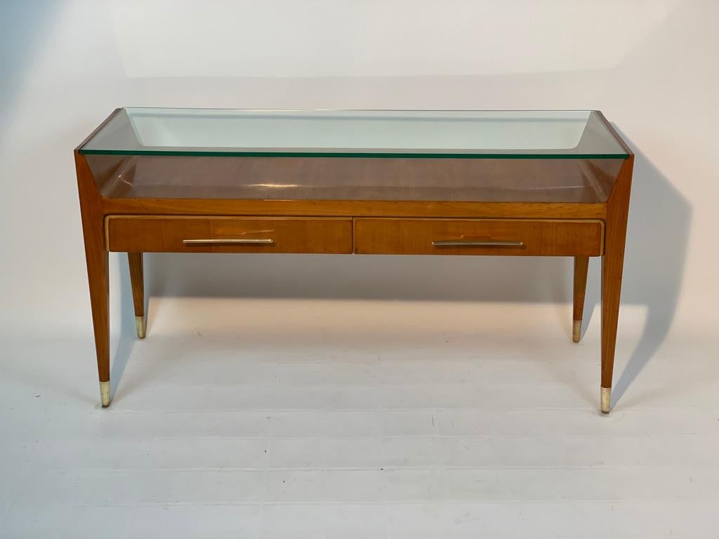 Mid Century Italian Glass top Console Brass Handles and Feet 2
