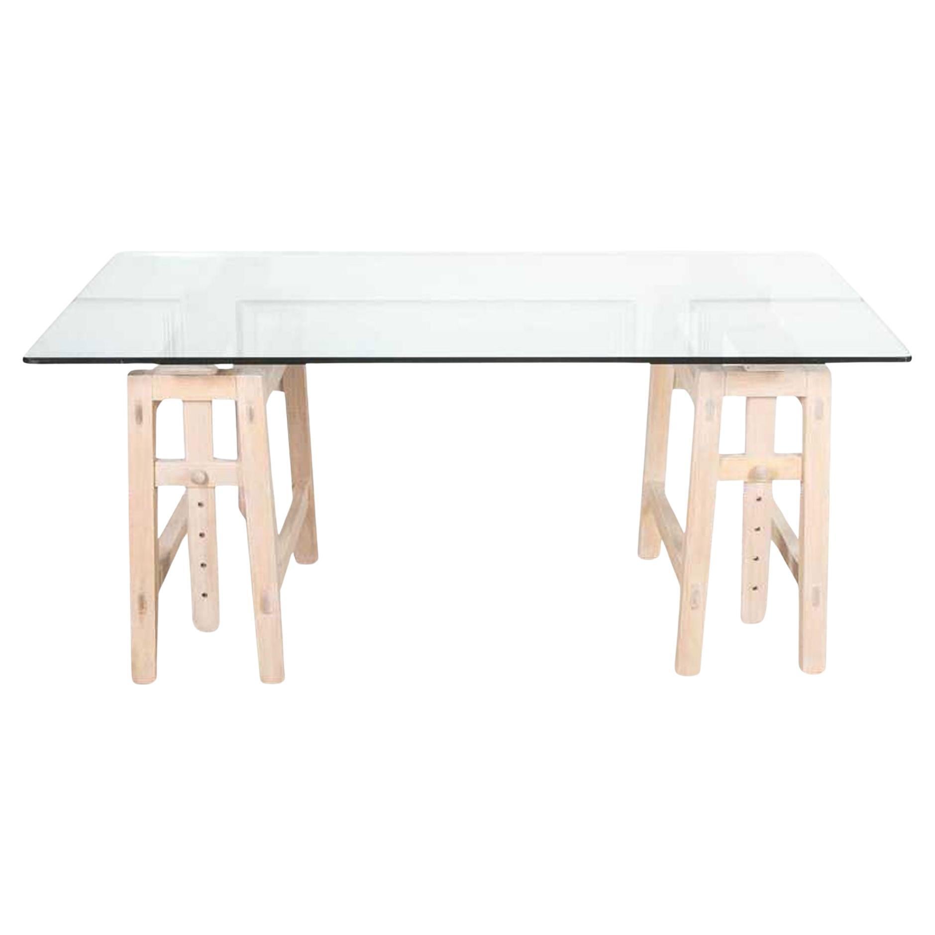 Table à tréteaux italienne du milieu du siècle à plateau en verre en vente