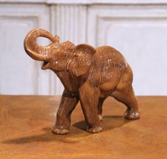 Mid-Century Italian Glazed Ceramic Elephant Sculpture with Raised Trunk