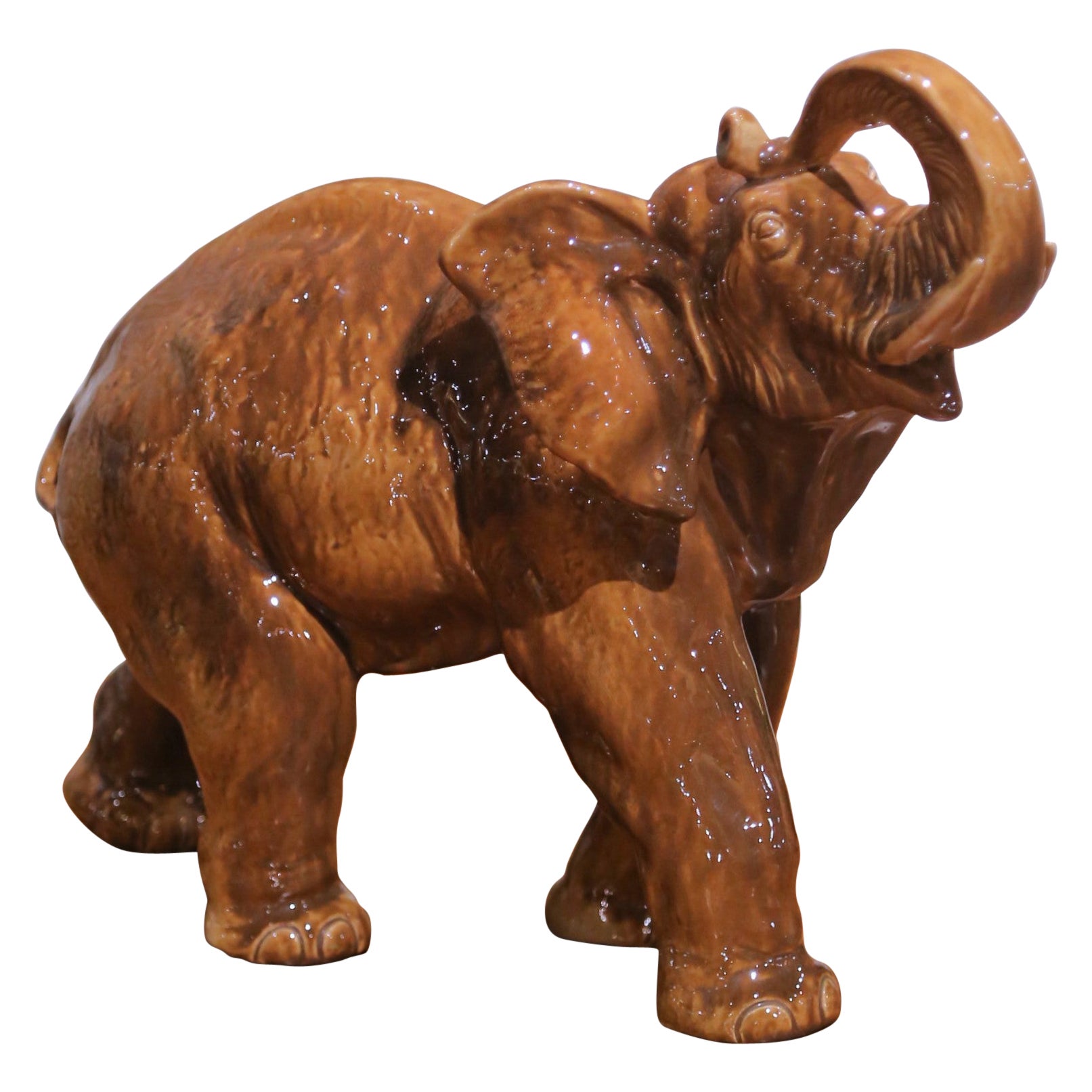 Mid-Century Italian Glazed Ceramic Elephant Sculpture with Raised Trunk For Sale