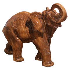 Mid-Century Italian Glazed Ceramic Elephant Sculpture with Raised Trunk