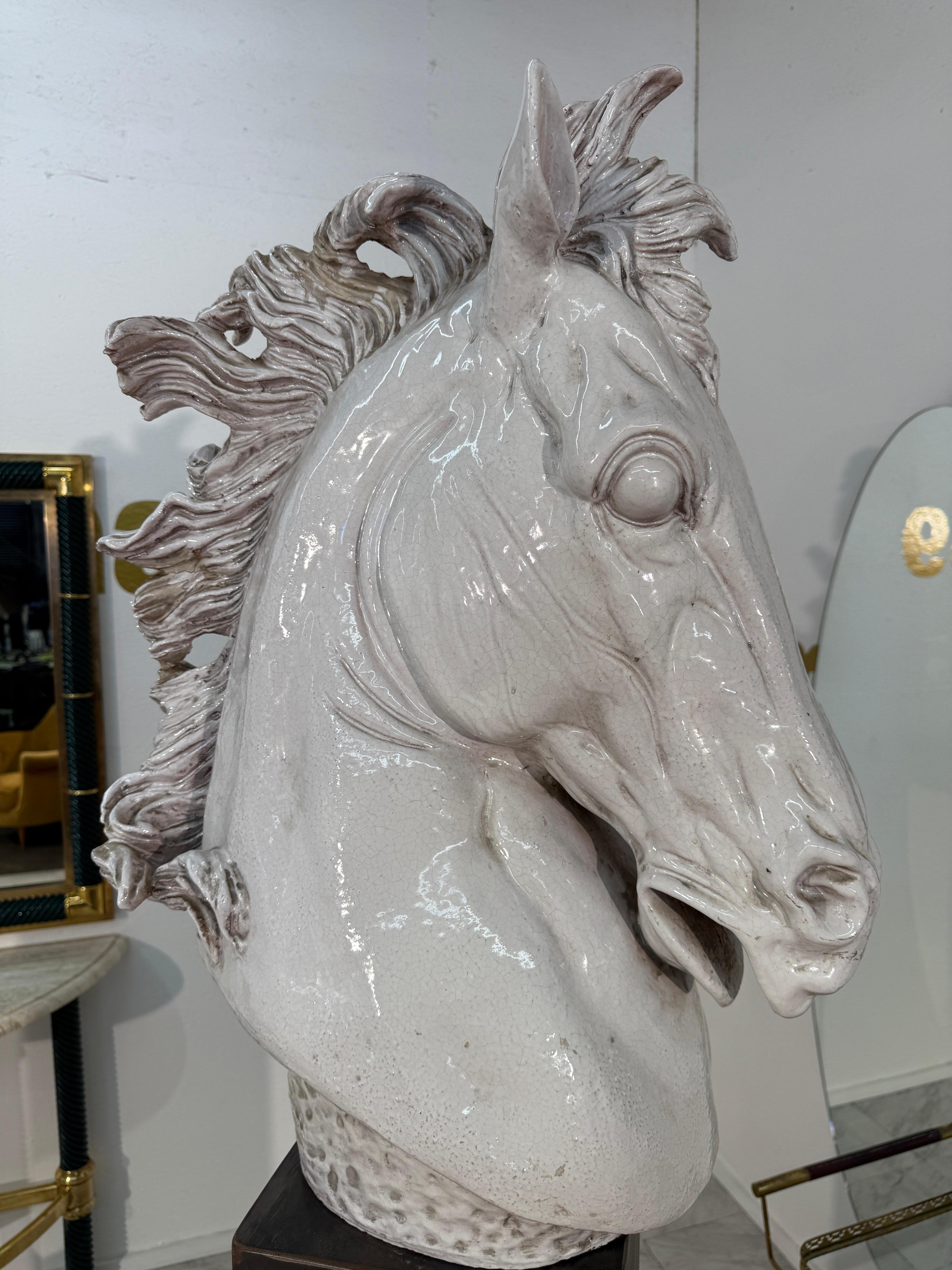 Mid Century Italian Glazed Ceramic Horse Bust In Good Condition For Sale In Los Angeles, CA