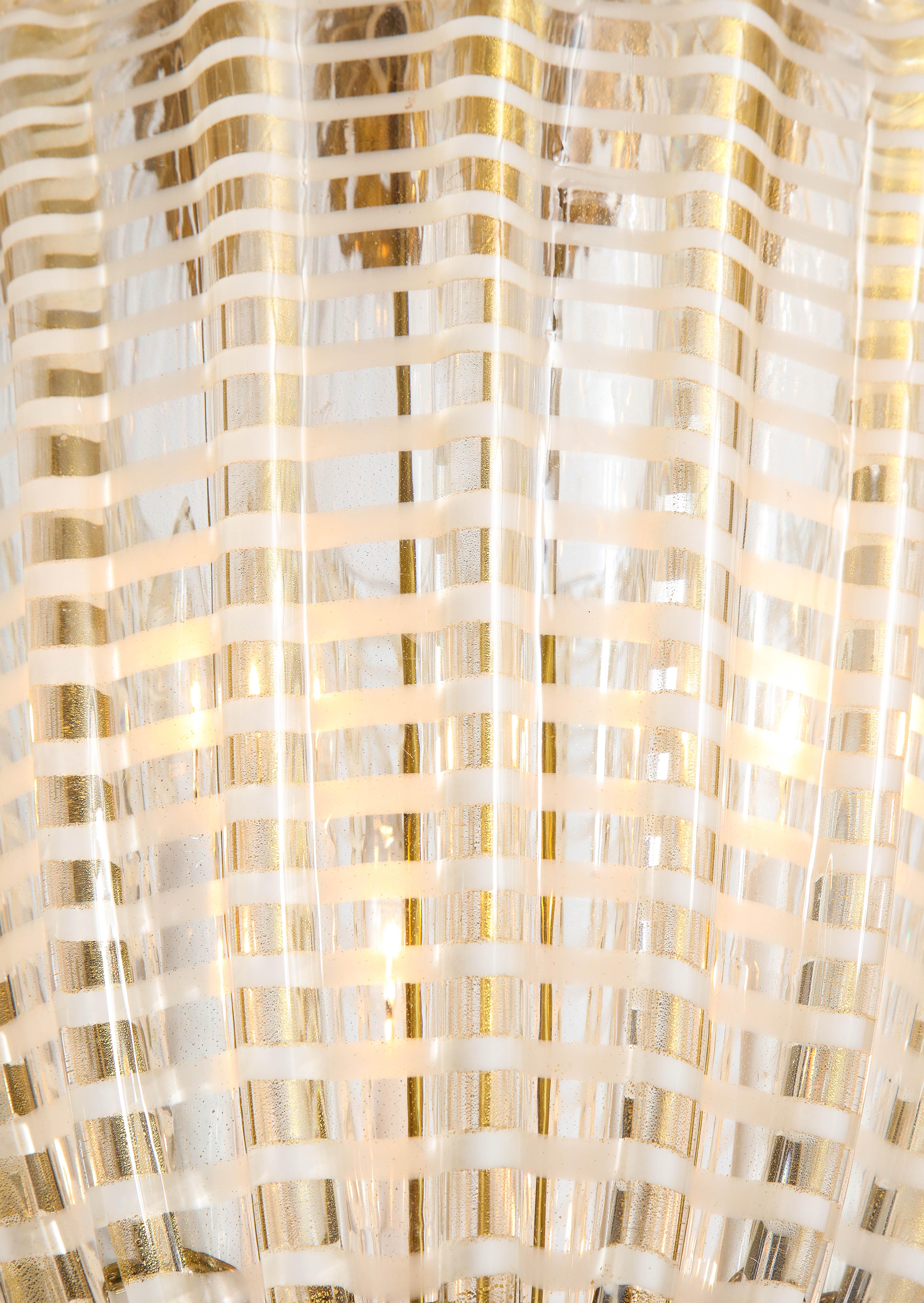 Mid-Century Italian Gold and White Conical Fluted Murano Glass Pendant Light In Good Condition In New York, NY