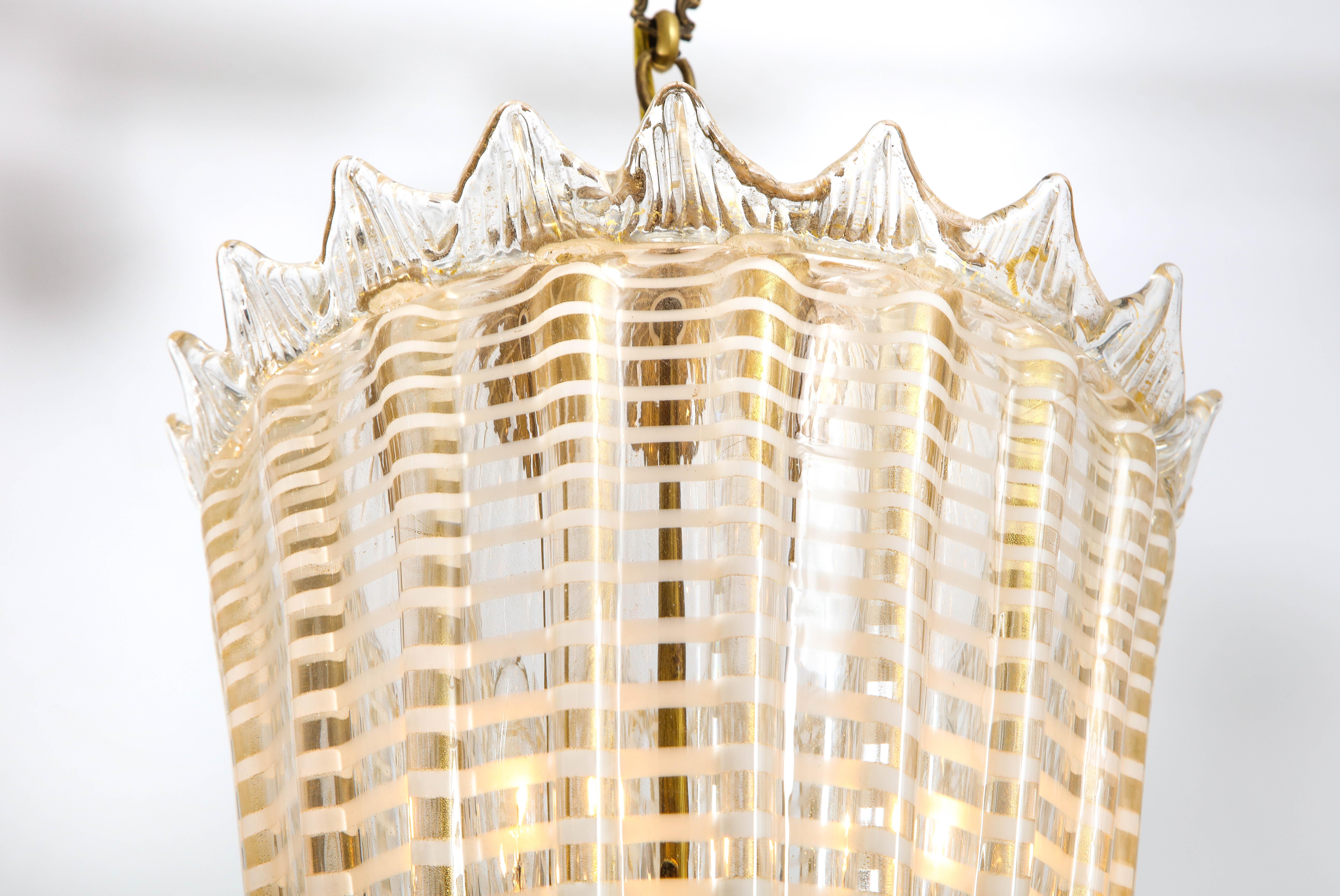 19th Century Mid-Century Italian Gold and White Conical Fluted Murano Glass Pendant Light