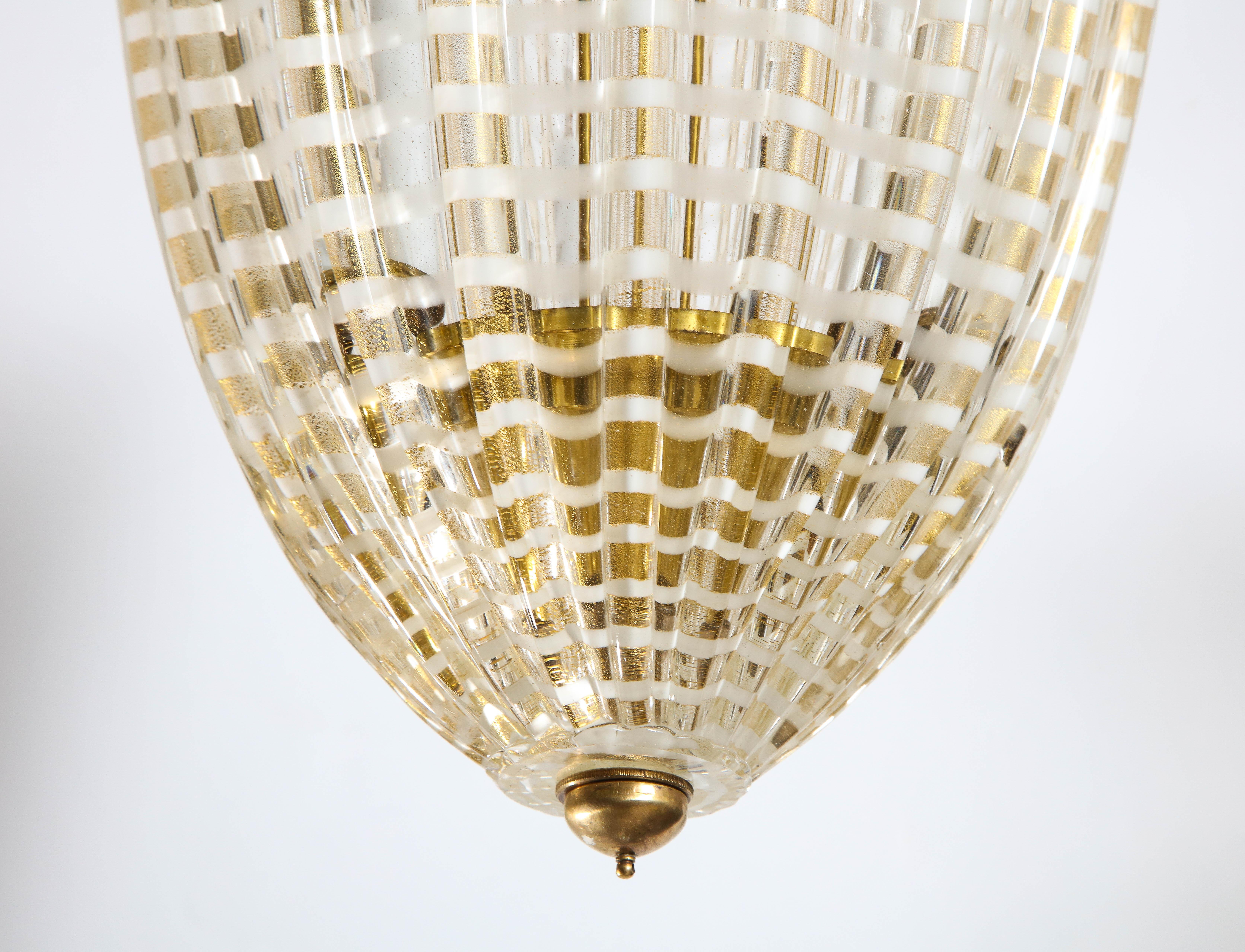 Mid-Century Italian Gold and White Conical Fluted Murano Glass Pendant Light 1