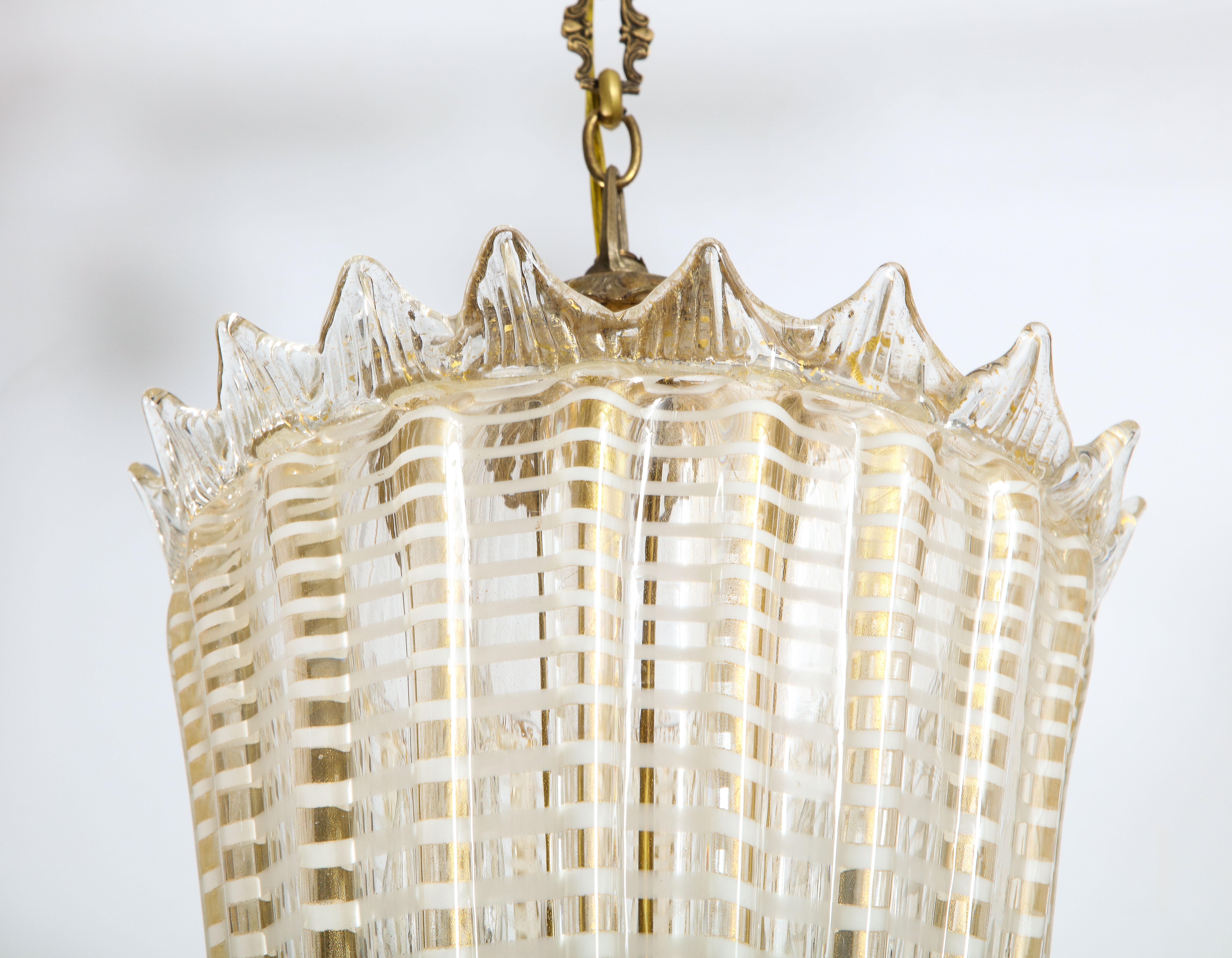 Mid-Century Italian Gold and White Conical Fluted Murano Glass Pendant Light 2