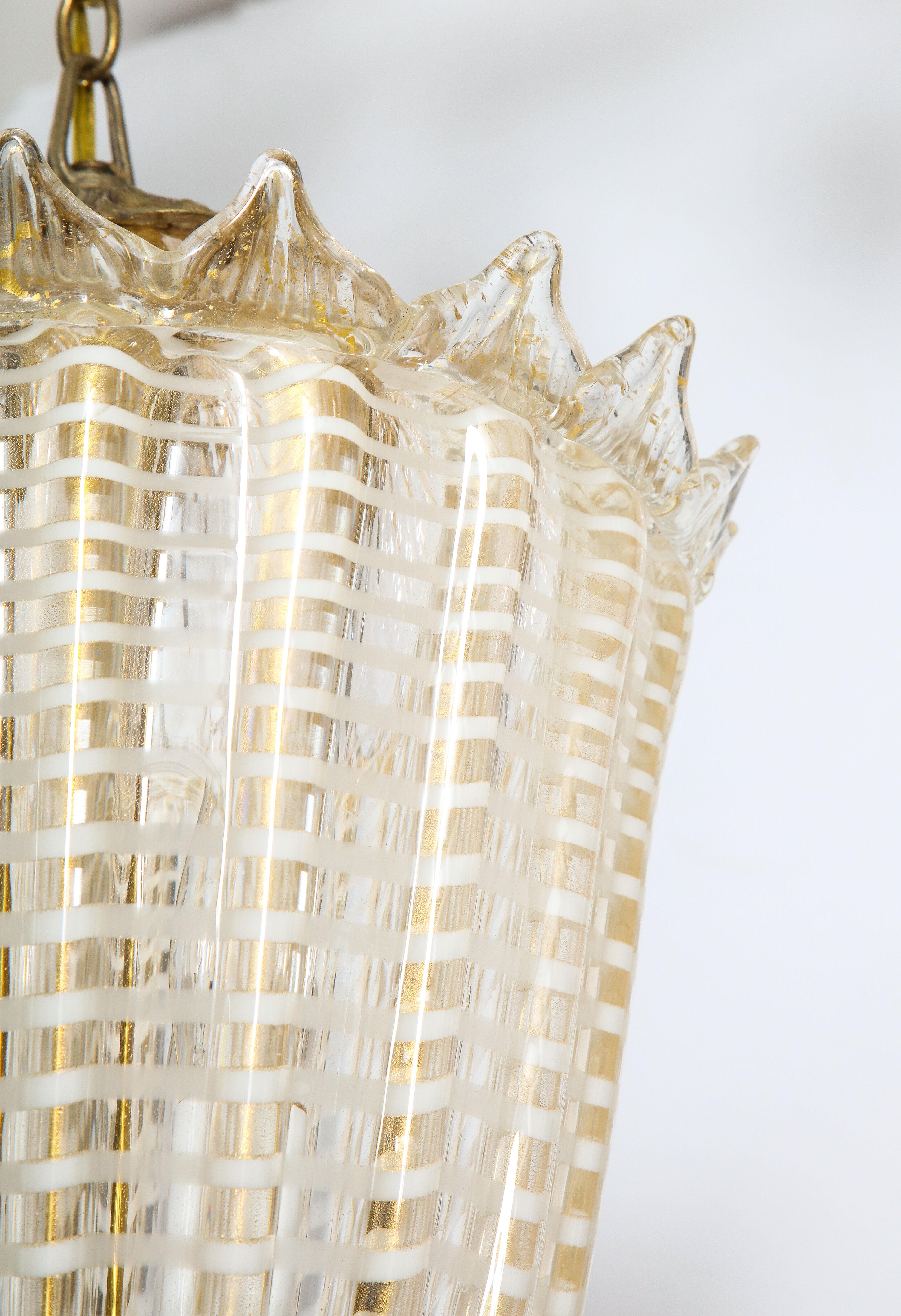 Mid-Century Italian Gold and White Conical Fluted Murano Glass Pendant Light 3