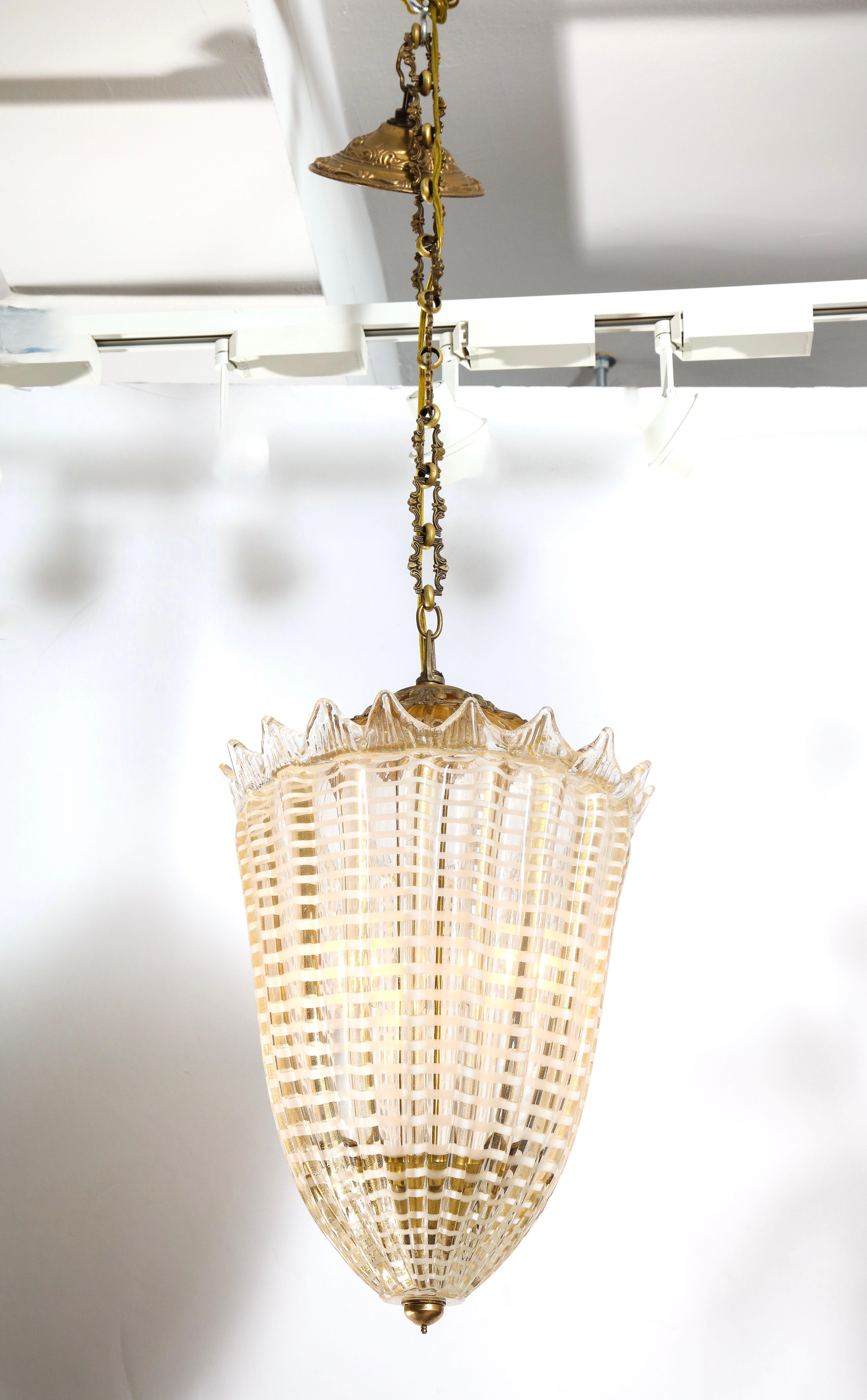 Mid-Century Italian Gold and White Conical Fluted Murano Glass Pendant Light 4