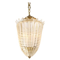 Mid-Century Italian Gold and White Conical Fluted Murano Glass Pendant Light