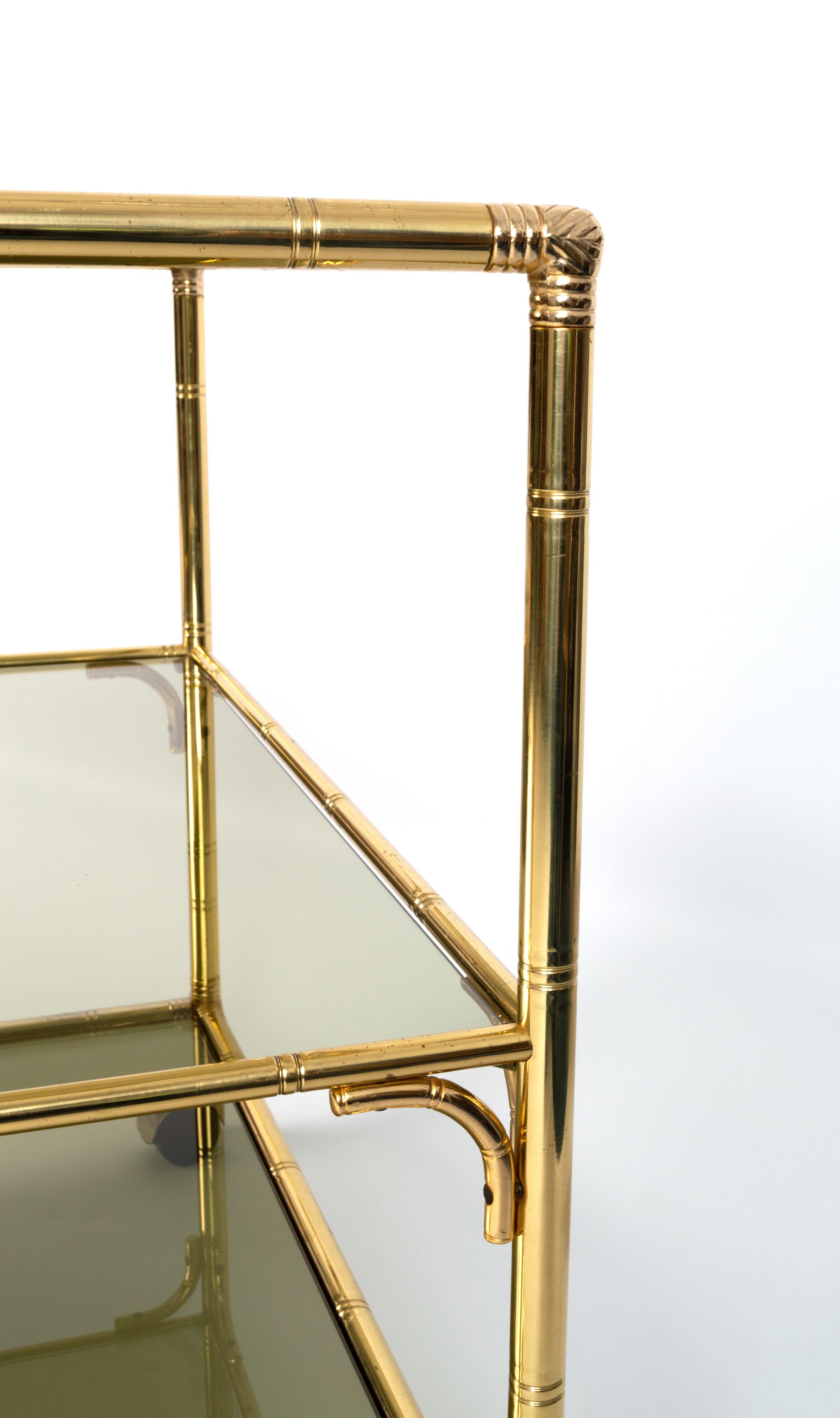 Mid-Century Italian Gold Brass Bamboo Three Tier Bar Cart Drinks Trolley, C.1960 4