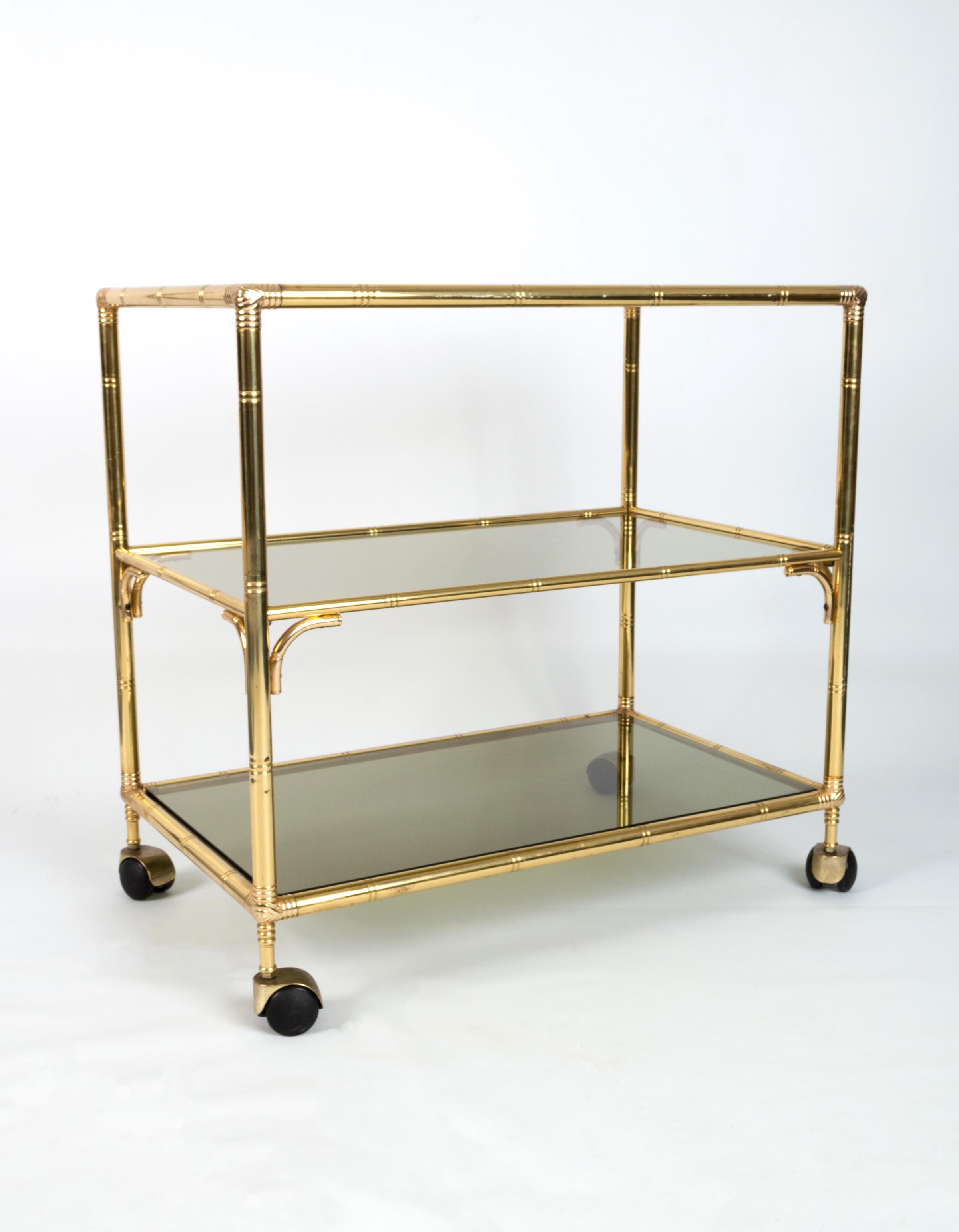Mid-Century Italian Gold Brass Bamboo Three Tier Bar Cart Drinks Trolley, C.1960 5