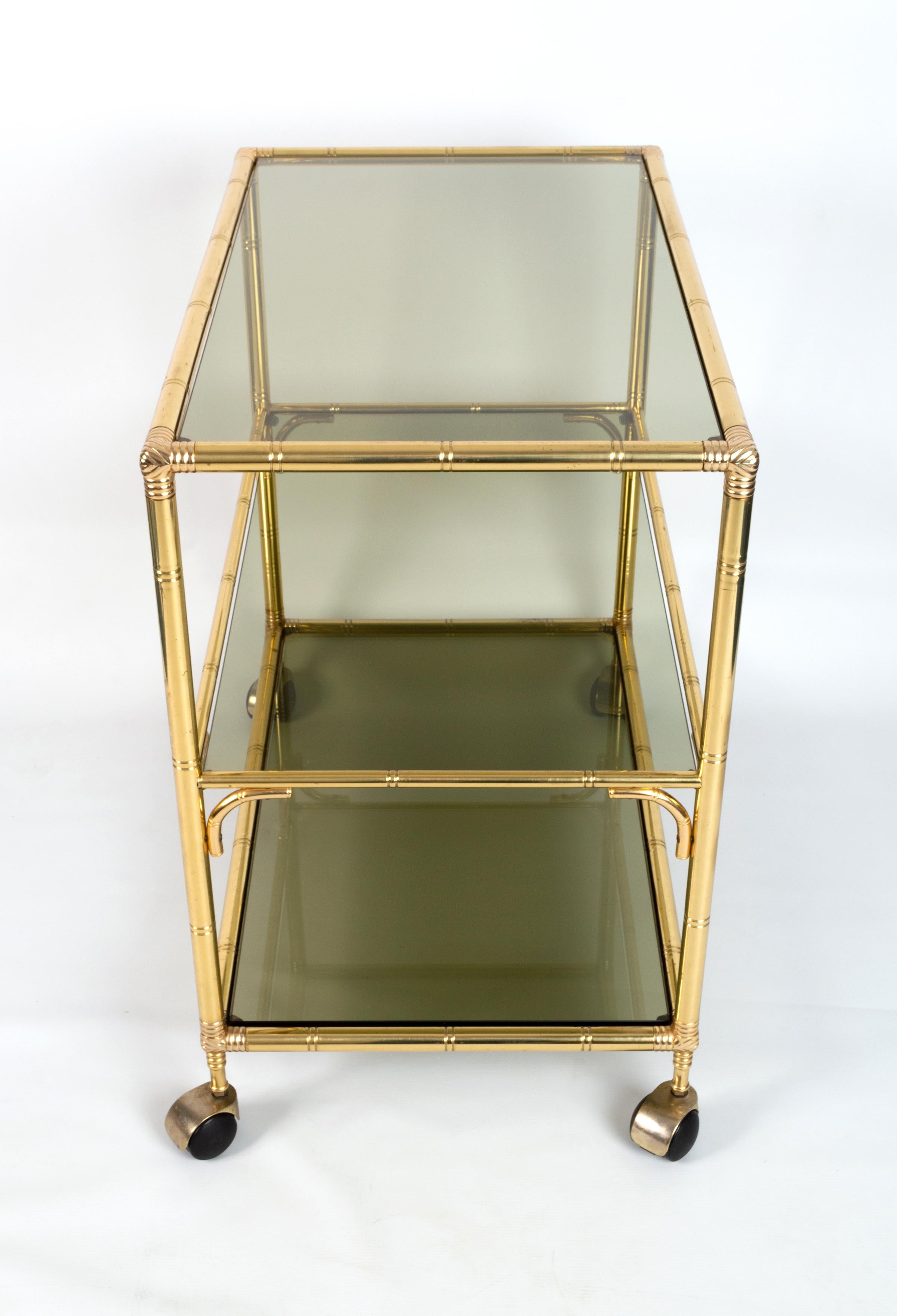 20th Century Mid-Century Italian Gold Brass Bamboo Three Tier Bar Cart Drinks Trolley, C.1960