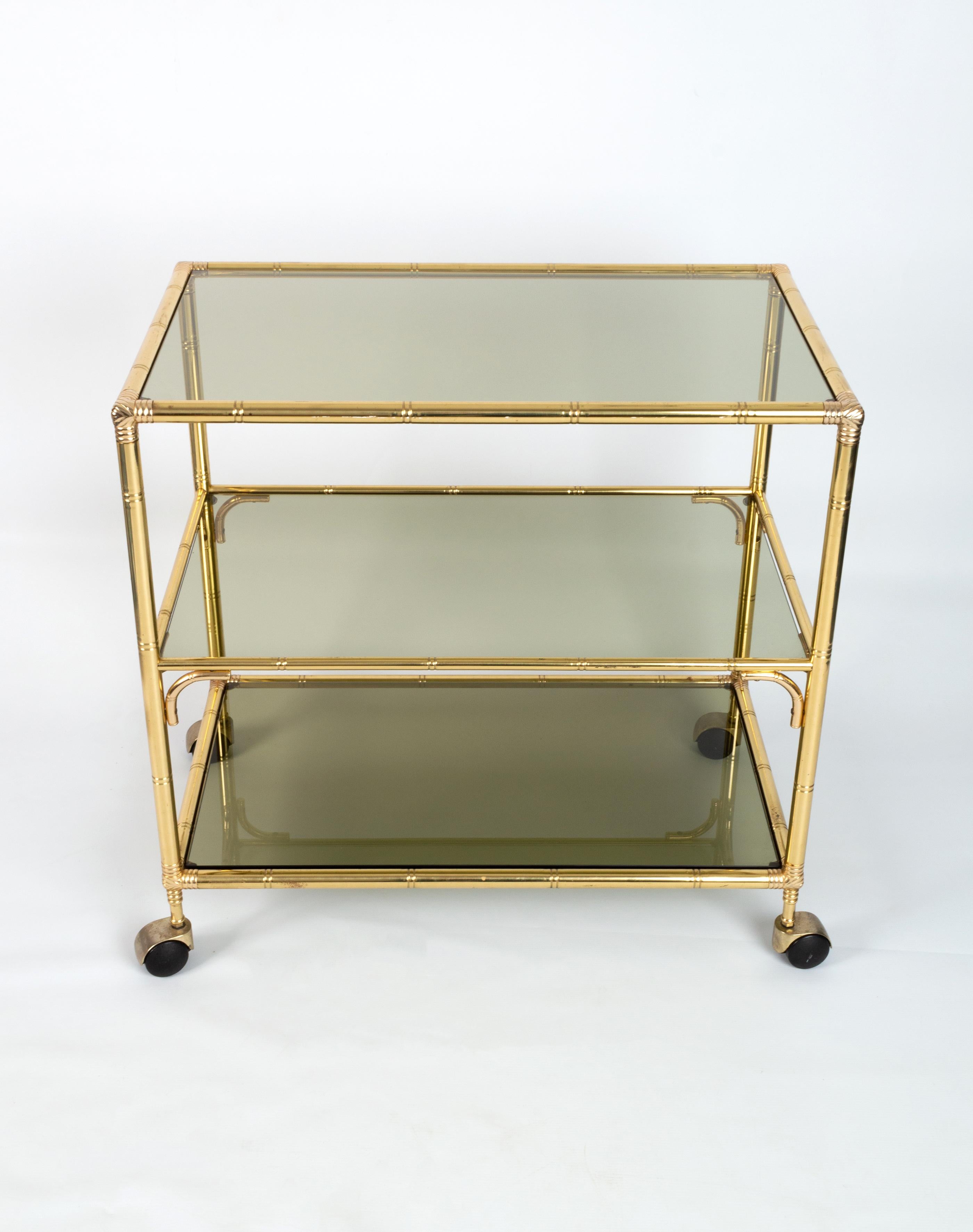 Mid-Century Italian Gold Brass Bamboo Three Tier Bar Cart Drinks Trolley, C.1960 1