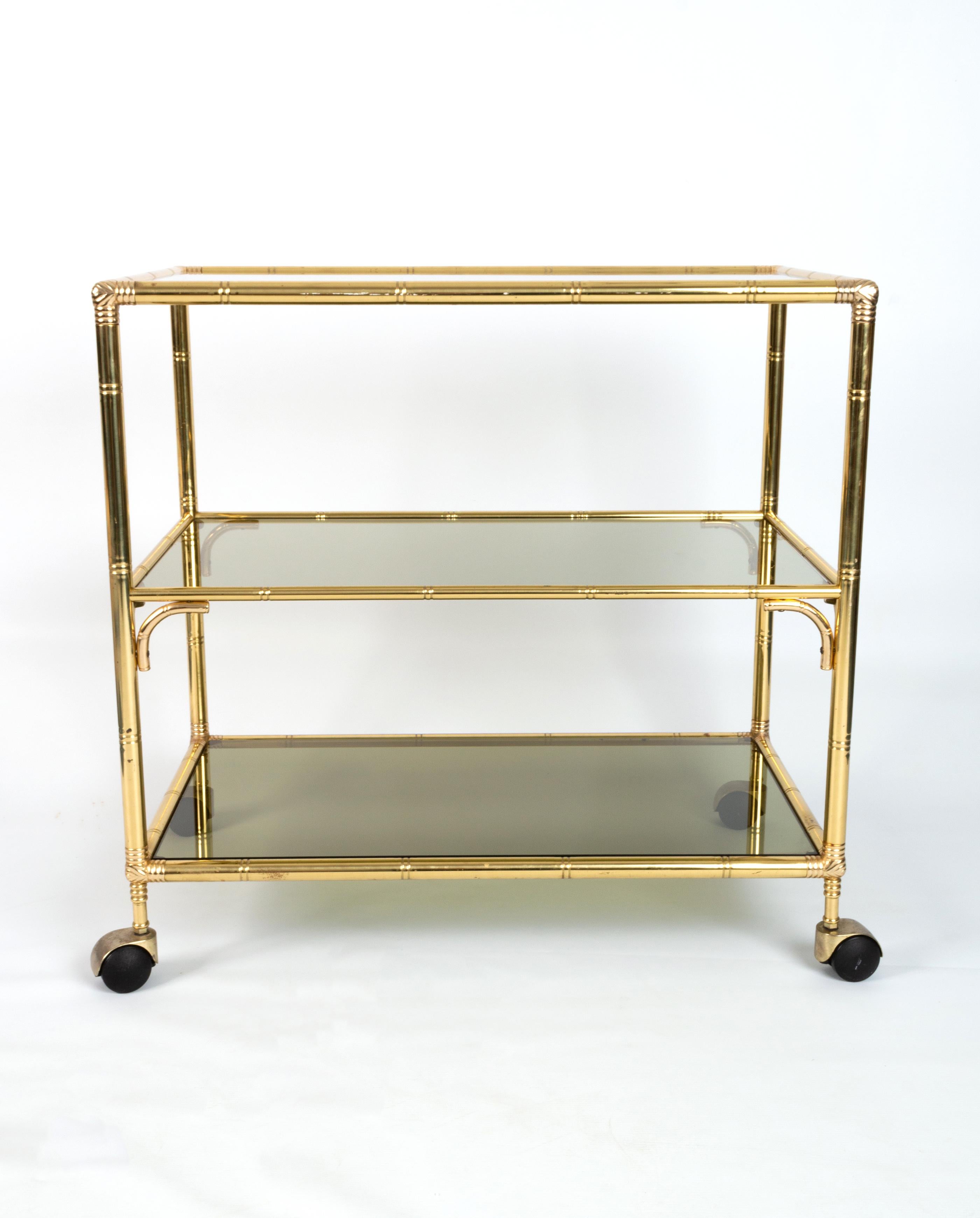 Mid-Century Italian Gold Brass Bamboo Three Tier Bar Cart Drinks Trolley, C.1960 2