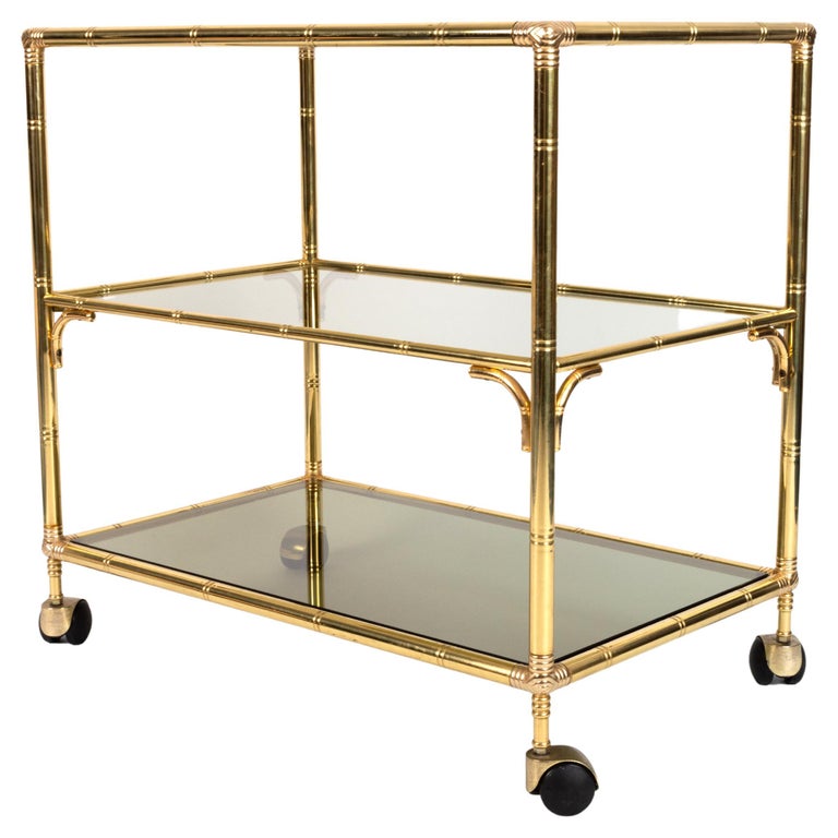 Mid-Century Italian Gold Brass Bamboo Three Tier Bar Cart Drinks Trolley, C.1960 For Sale