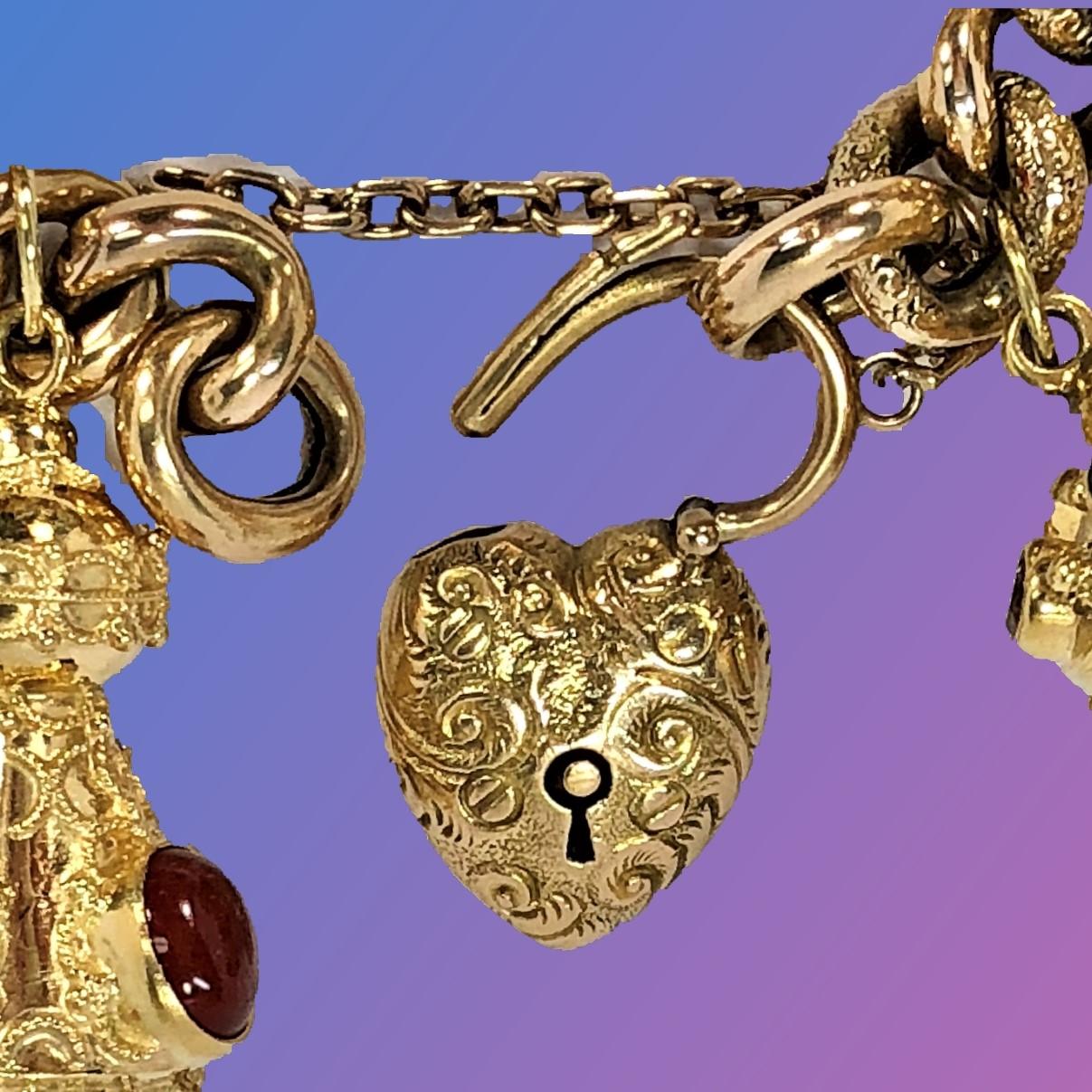 Midcentury Italian Gold Etruscan Revival Charm Bracelet-12 Assorted Color Charms For Sale 3