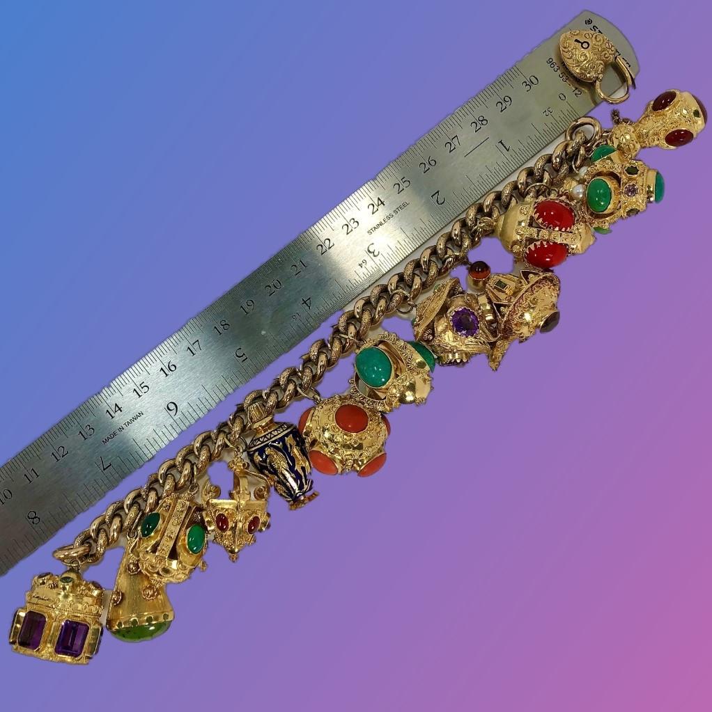 Midcentury Italian Gold Etruscan Revival Charm Bracelet-12 Assorted Color Charms For Sale 6