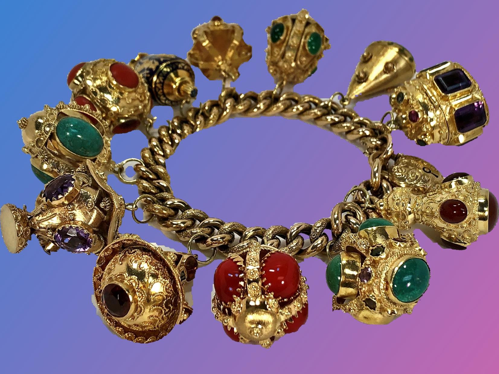 Cabochon Midcentury Italian Gold Etruscan Revival Charm Bracelet-12 Assorted Color Charms For Sale