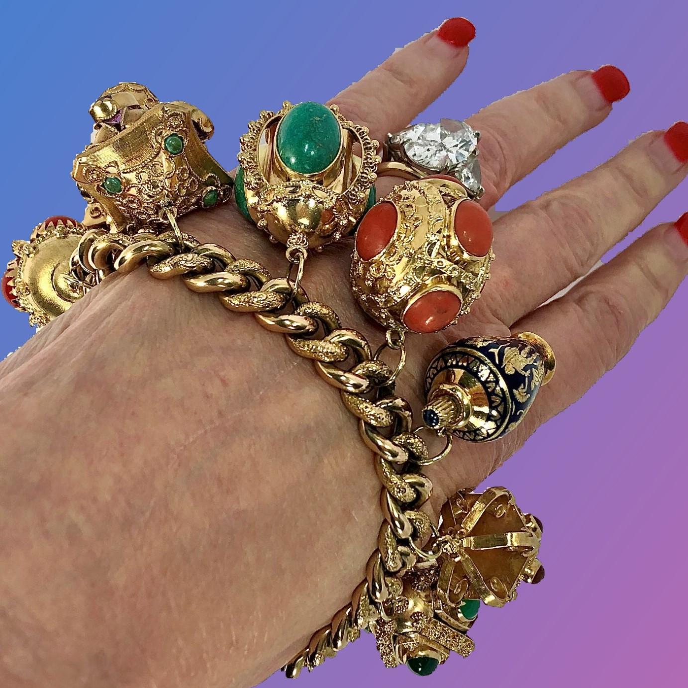 Midcentury Italian Gold Etruscan Revival Charm Bracelet-12 Assorted Color Charms In Good Condition For Sale In Palm Beach, FL