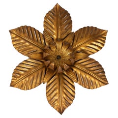 Mid Century Italian Gold Leaf Metal Flush Mount Ceiling Light
