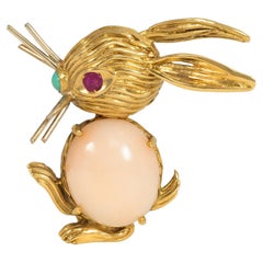 Mid-Century Italian Gold Rabbit Brooch with Coral, Ruby, and Turquoise