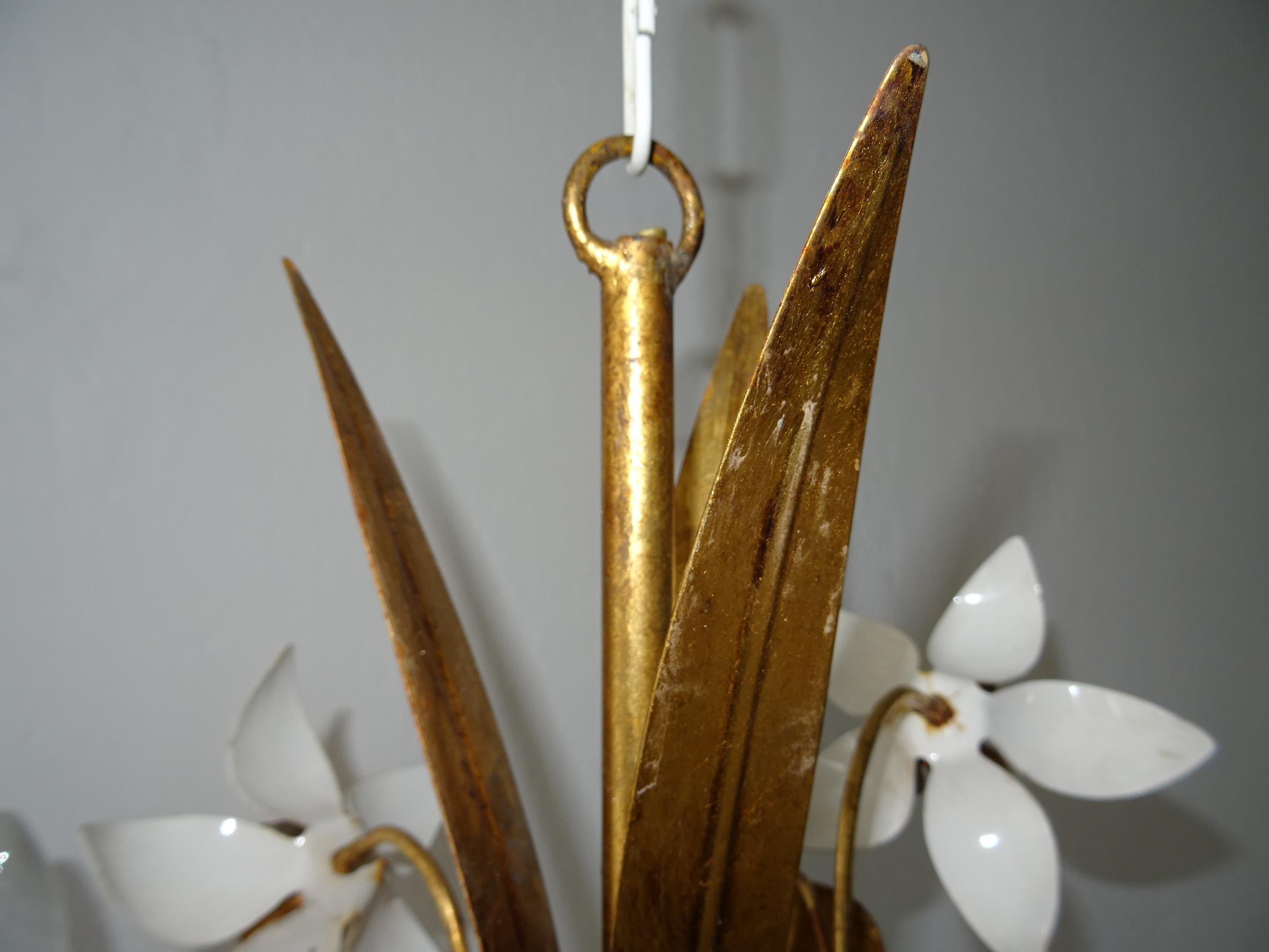 Metal Mid-Century Italian Gold & White Hollywood Regency Flower Chandelier, c 1950 For Sale