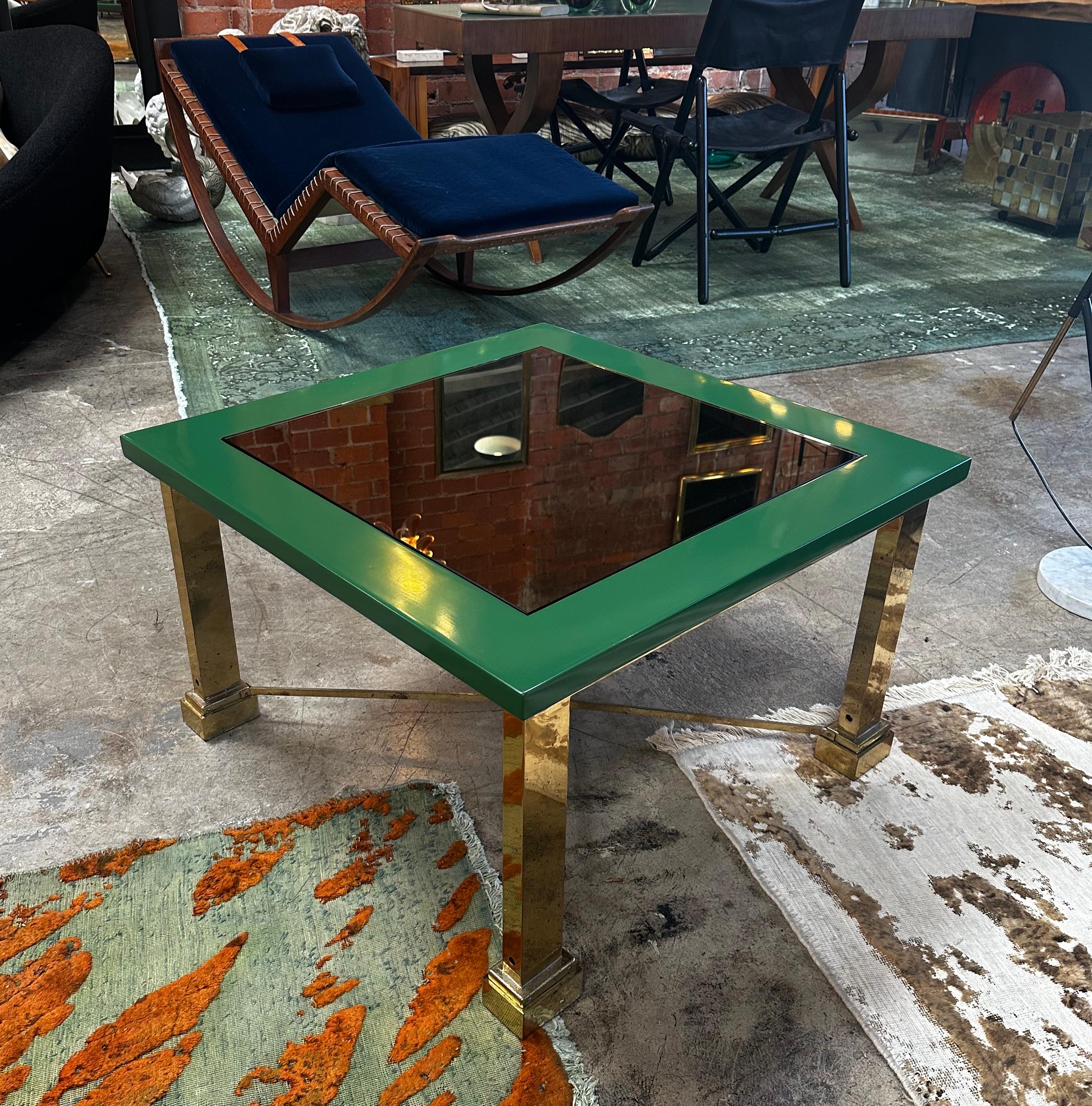 Late 20th Century Midcentury Italian Green and Brass Coffee Table 1980s by Sergio Bucci For Sale