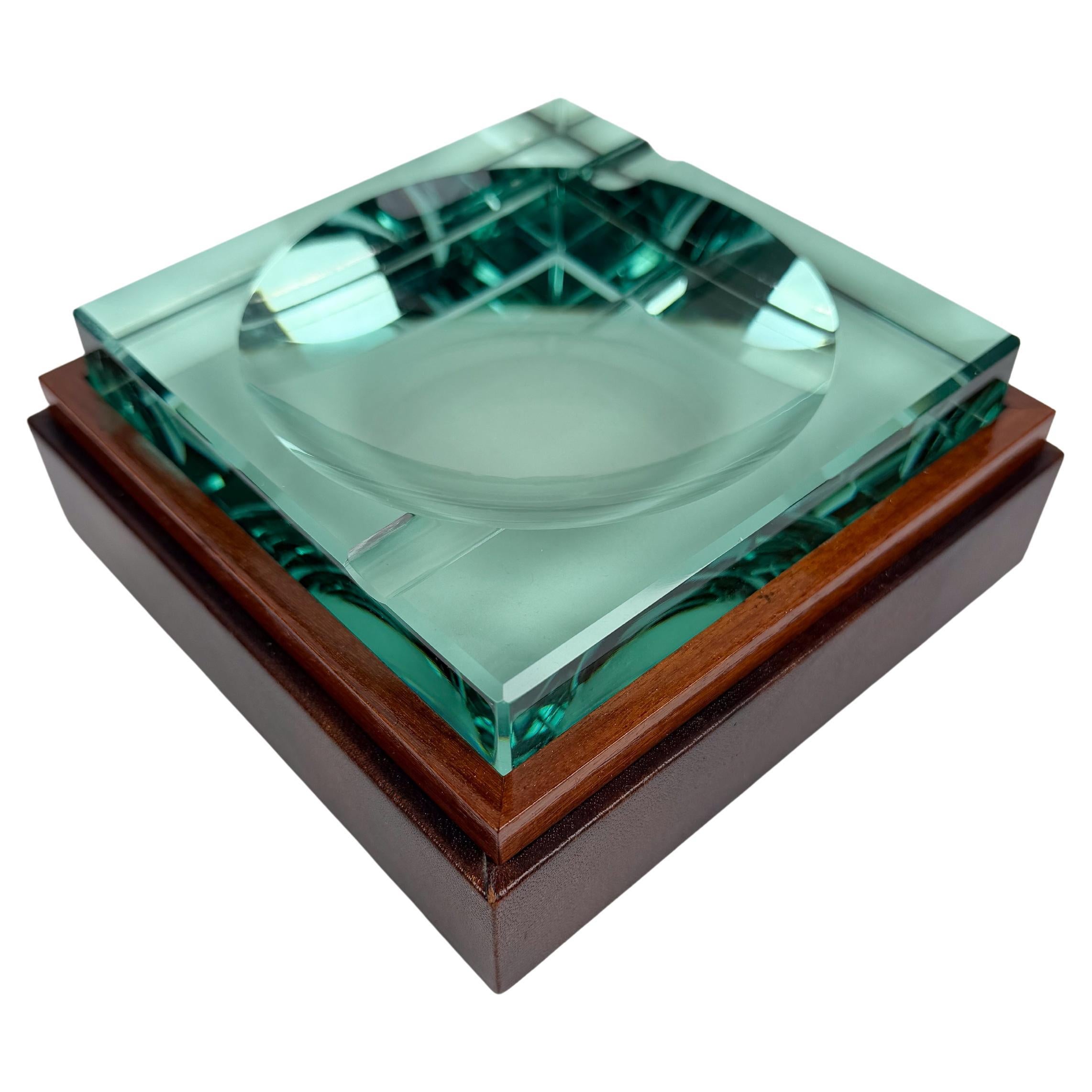 Mid-Century Italian Green Cut Glass and Leather Ashtray, Fontana Arte Style, 70s